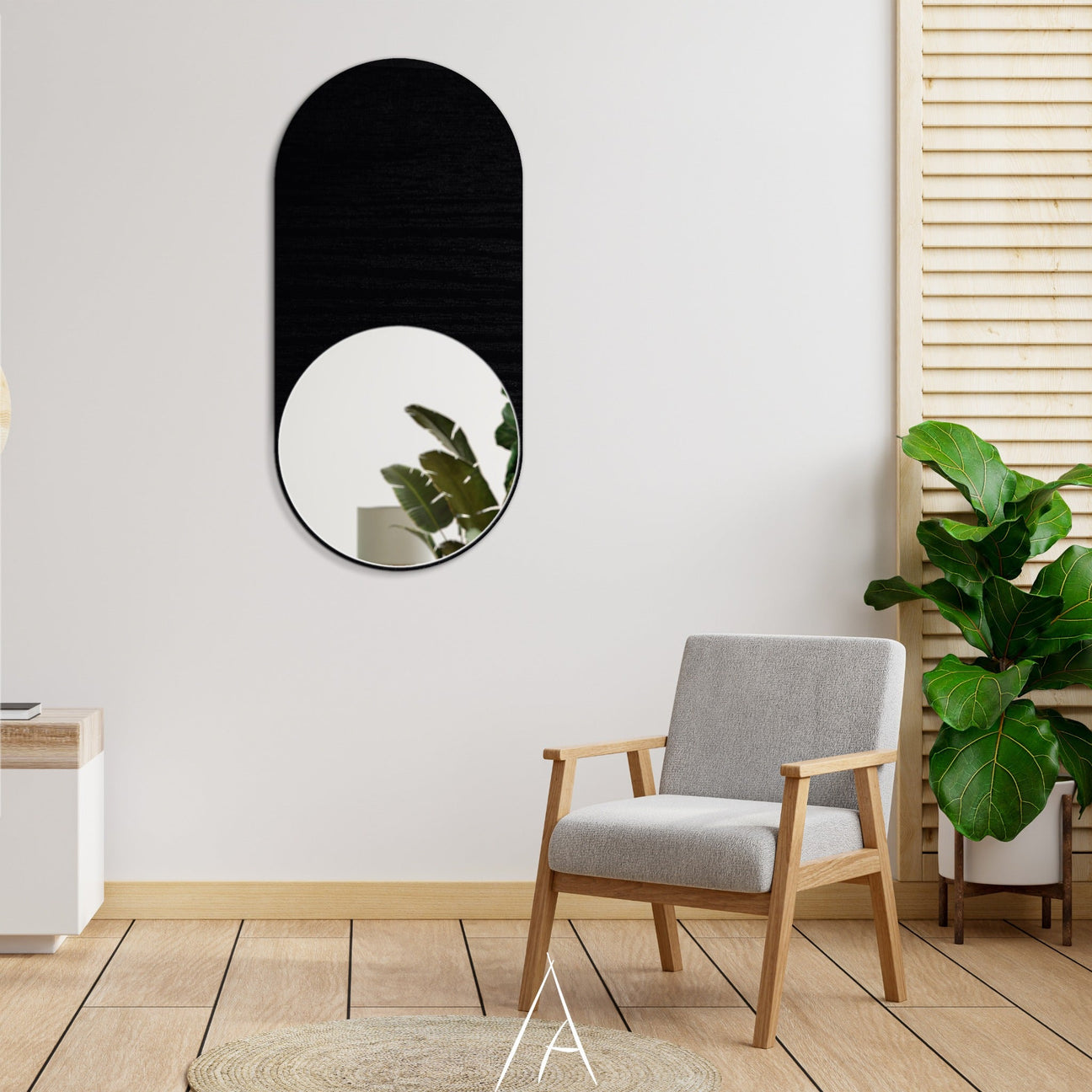 Duvar Aynası için siyah oval form, ahşap detaylar ve bitkili modern yaşam alanı