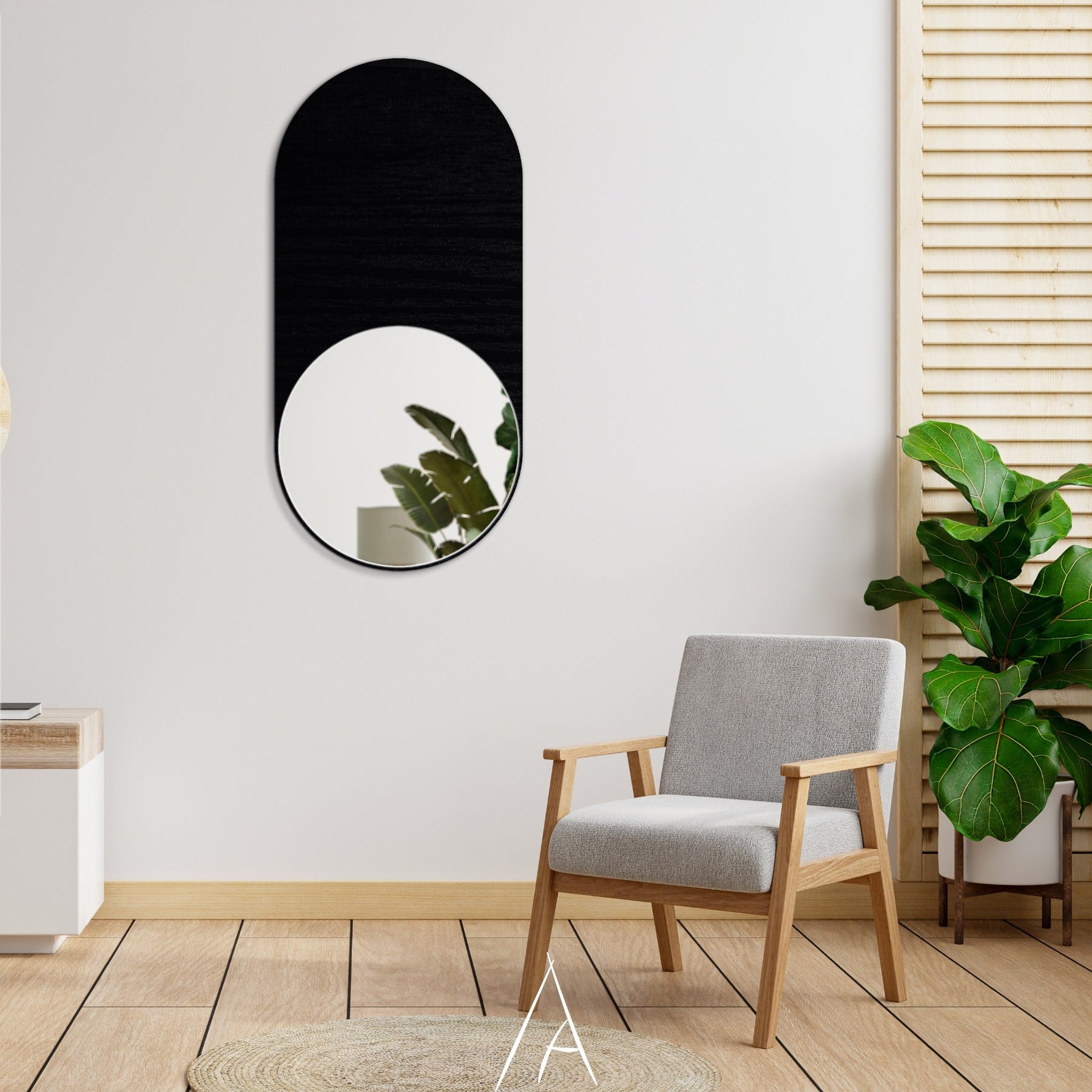Duvar Aynası için siyah oval form, ahşap detaylar ve bitkili modern yaşam alanı