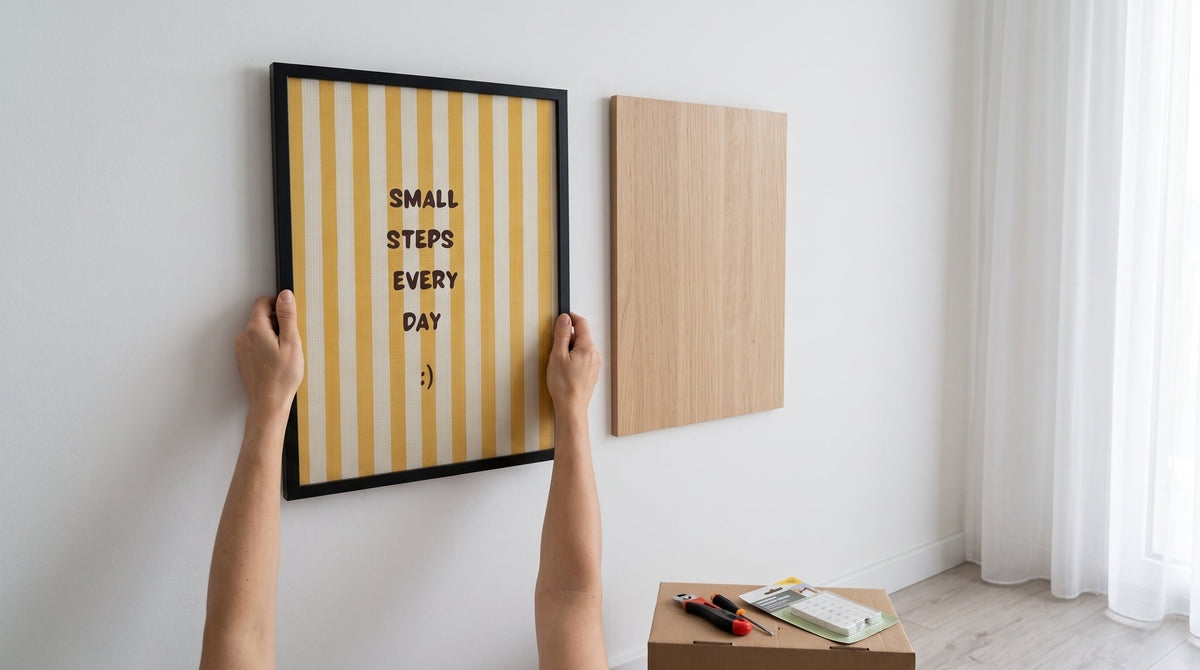 Kiralık dairede duvara delmeden montaj şeridiyle çerçeveli poster ve ahşap dekor asma