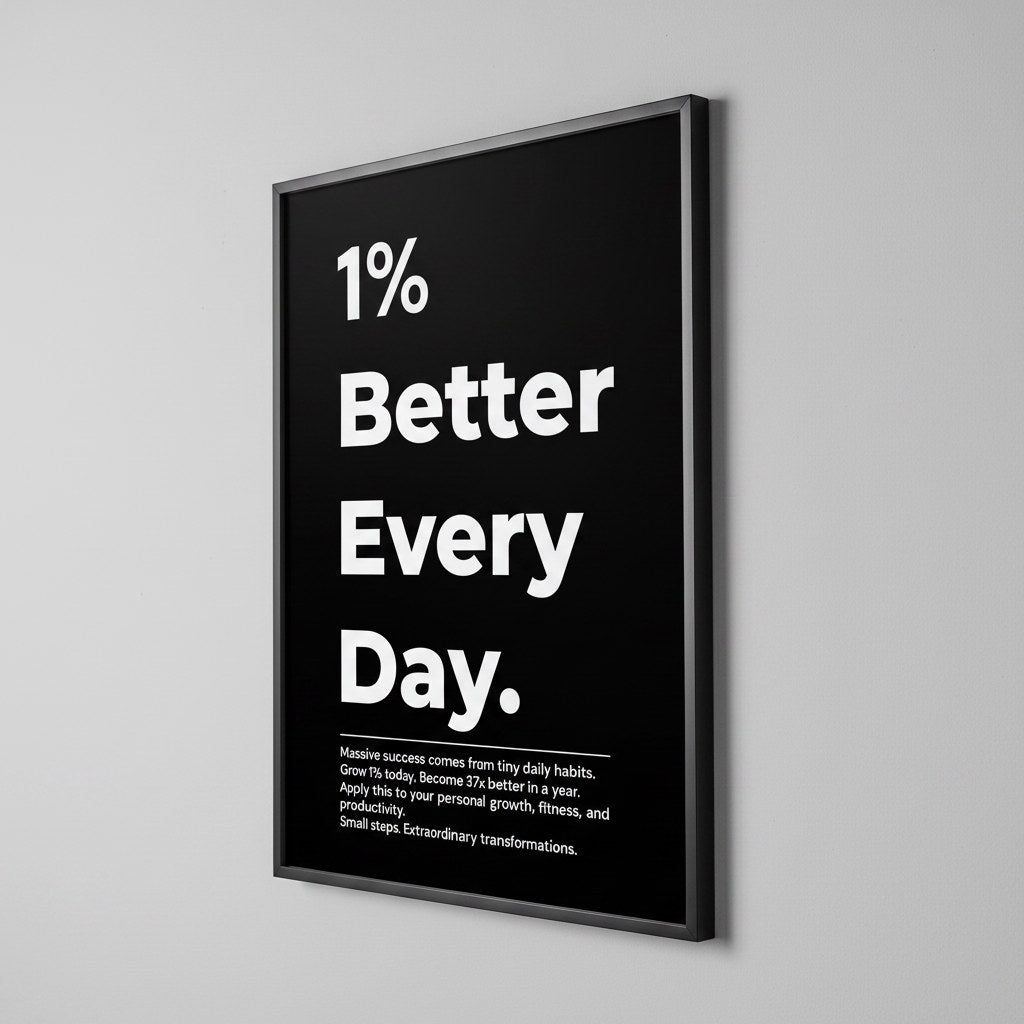 Minimalist tipografi posteri, siyah çerçeveli sade duvarda yandan görünüm