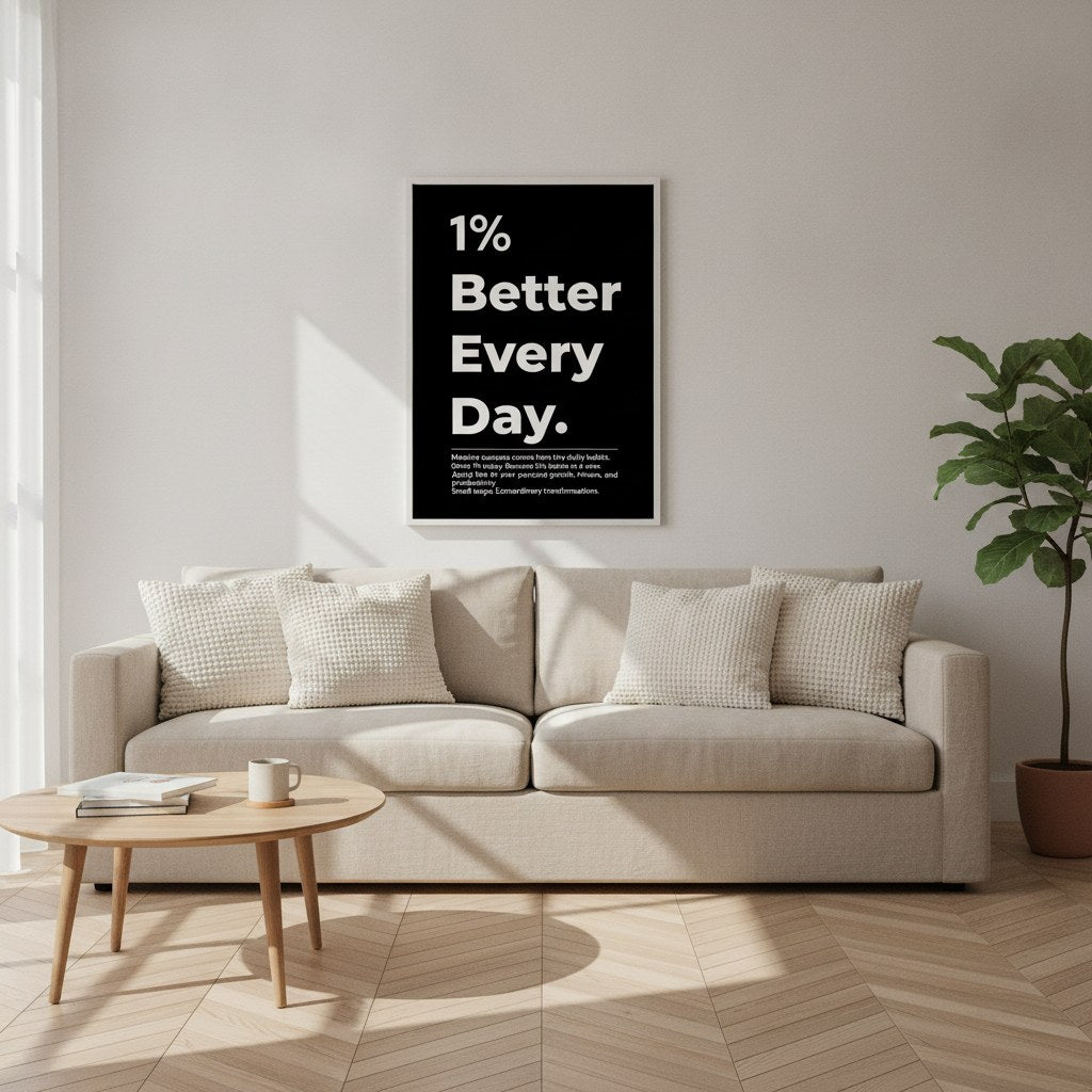 Siyah motivasyon posteri, salon duvarında kanepe üzerinde çerçeveli