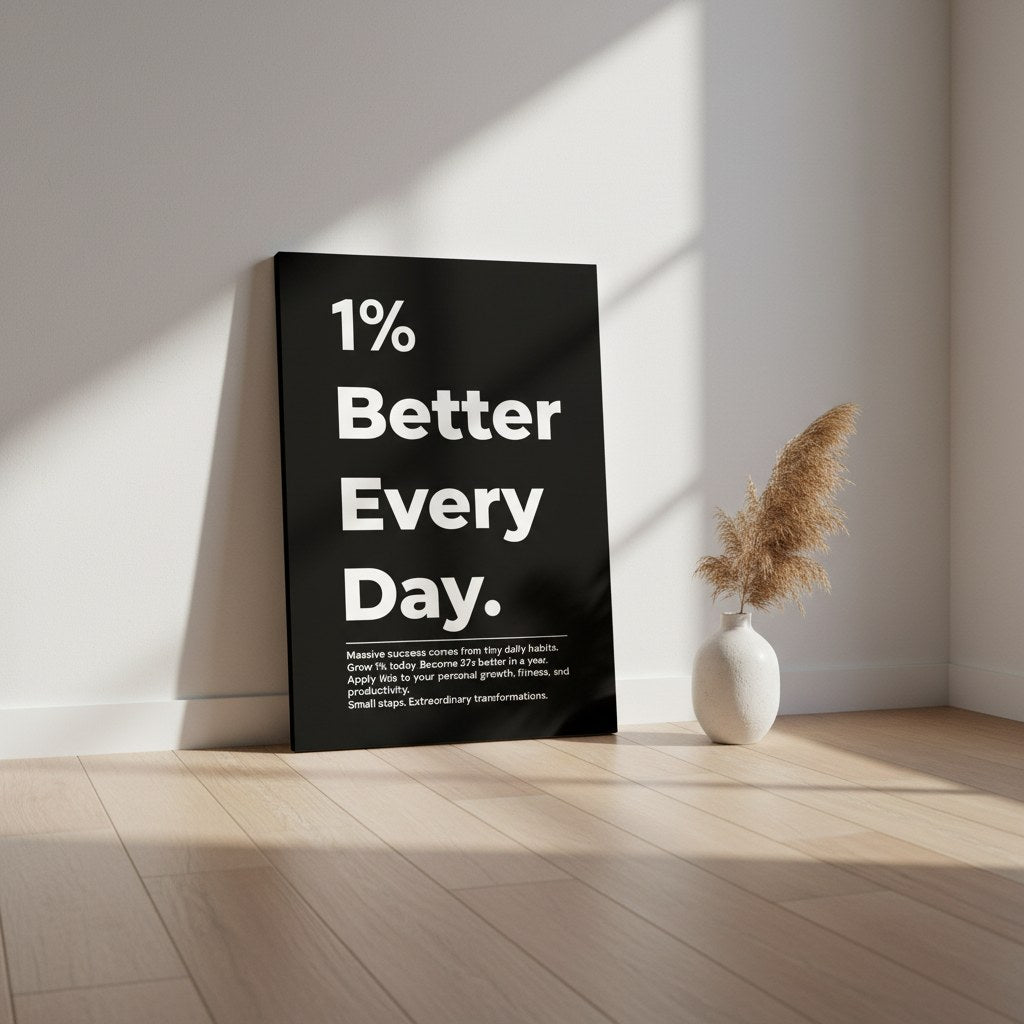 1% Better Every Day posteri, yere yaslanmış siyah çerçeveli kuru çiçek yanında