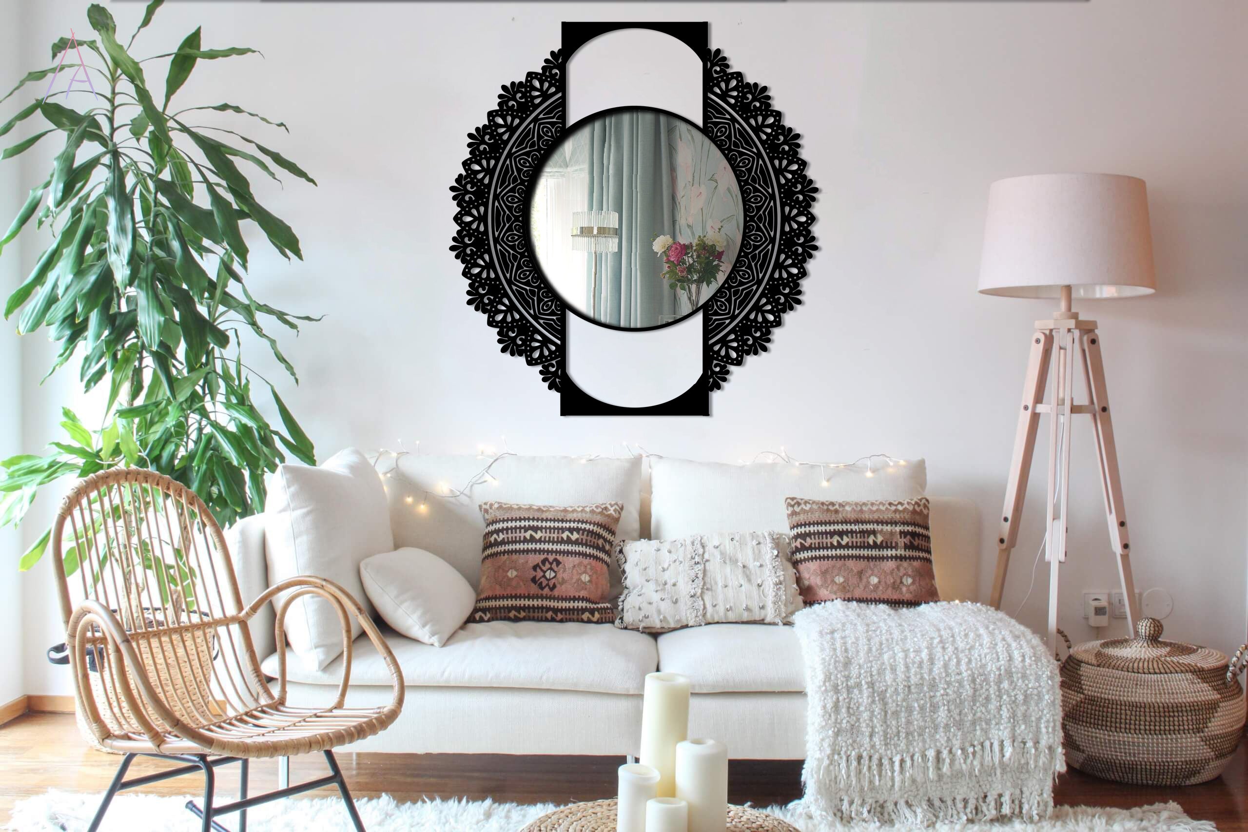 Mandala Desenli Ahşap Duvar Aynası