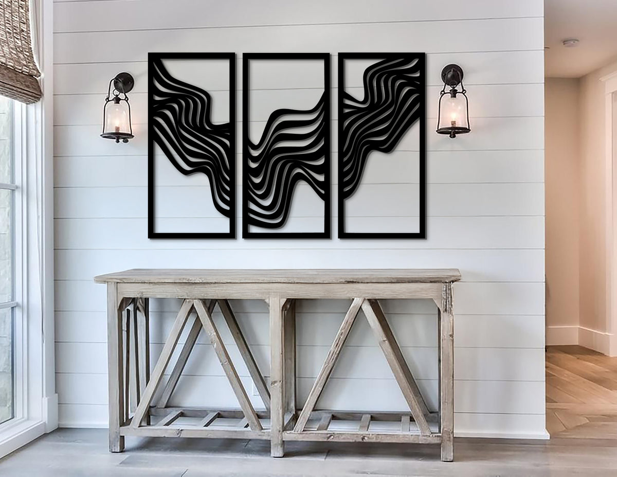 Trio Abstract 3'lü soyut duvar dekoru seti, geometrik ahşap duvar sanatı ön görünüm