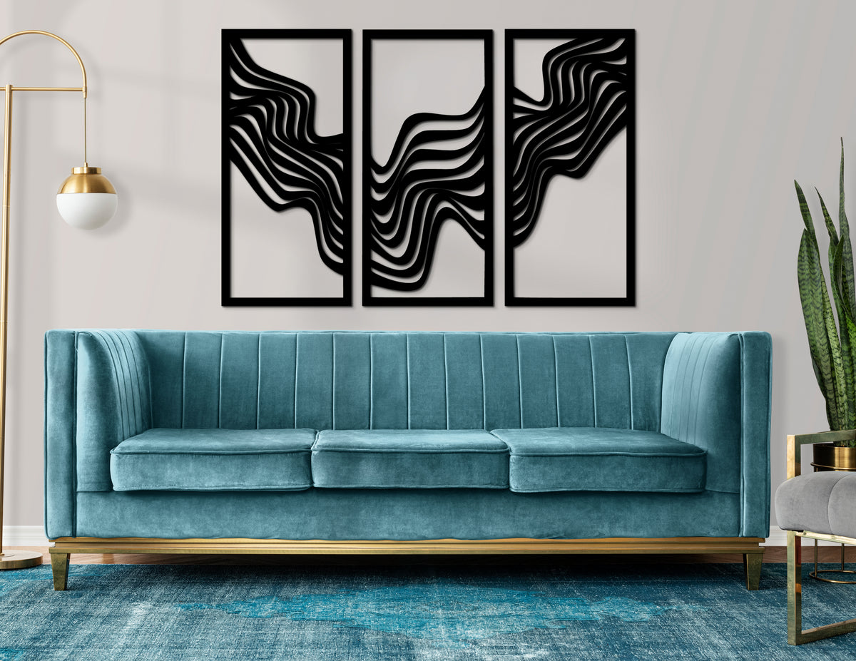 Trio Abstract soyut ahşap duvar dekoru, antre için modern 3'lü set, yakın detay