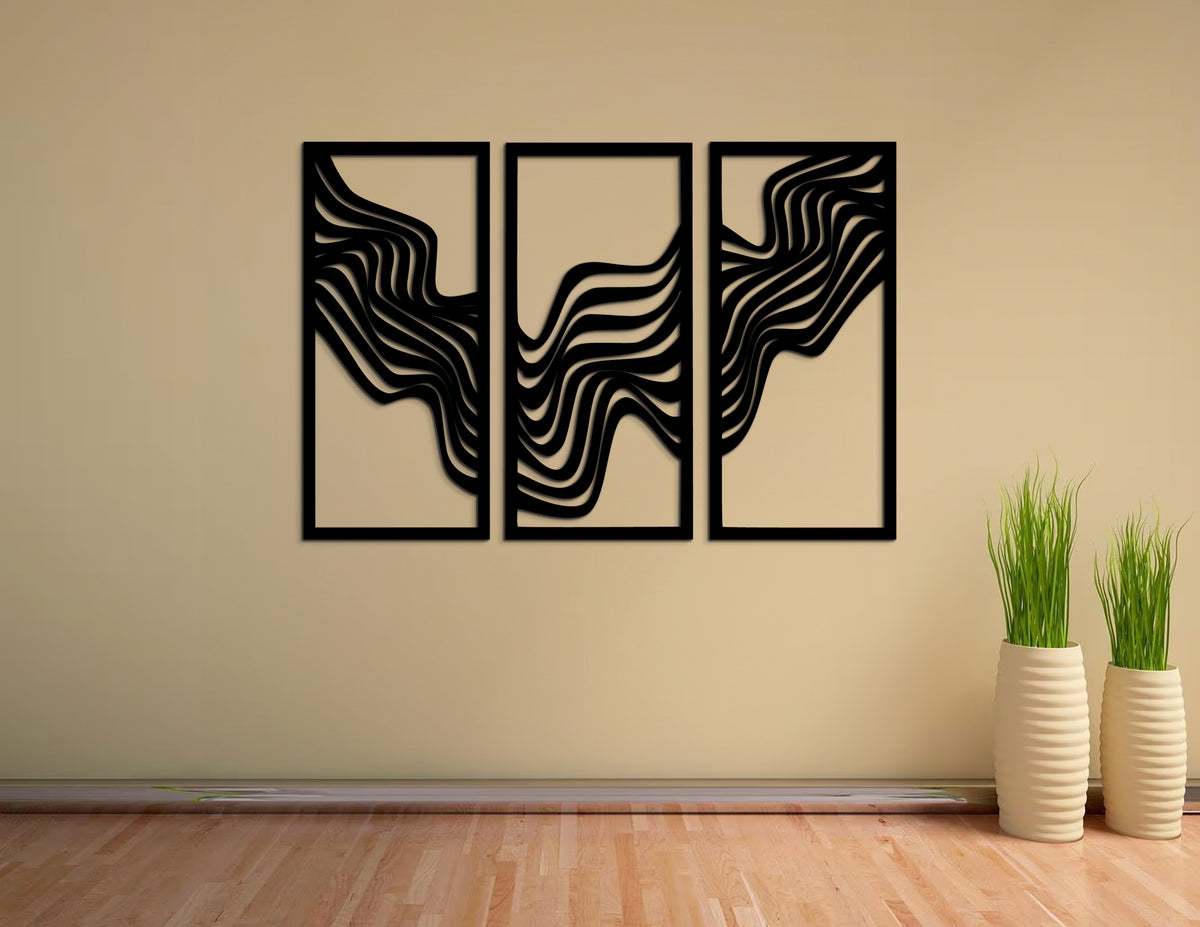 Trio Abstract 3'lü geometrik duvar dekoru, yaşam alanı görünümü