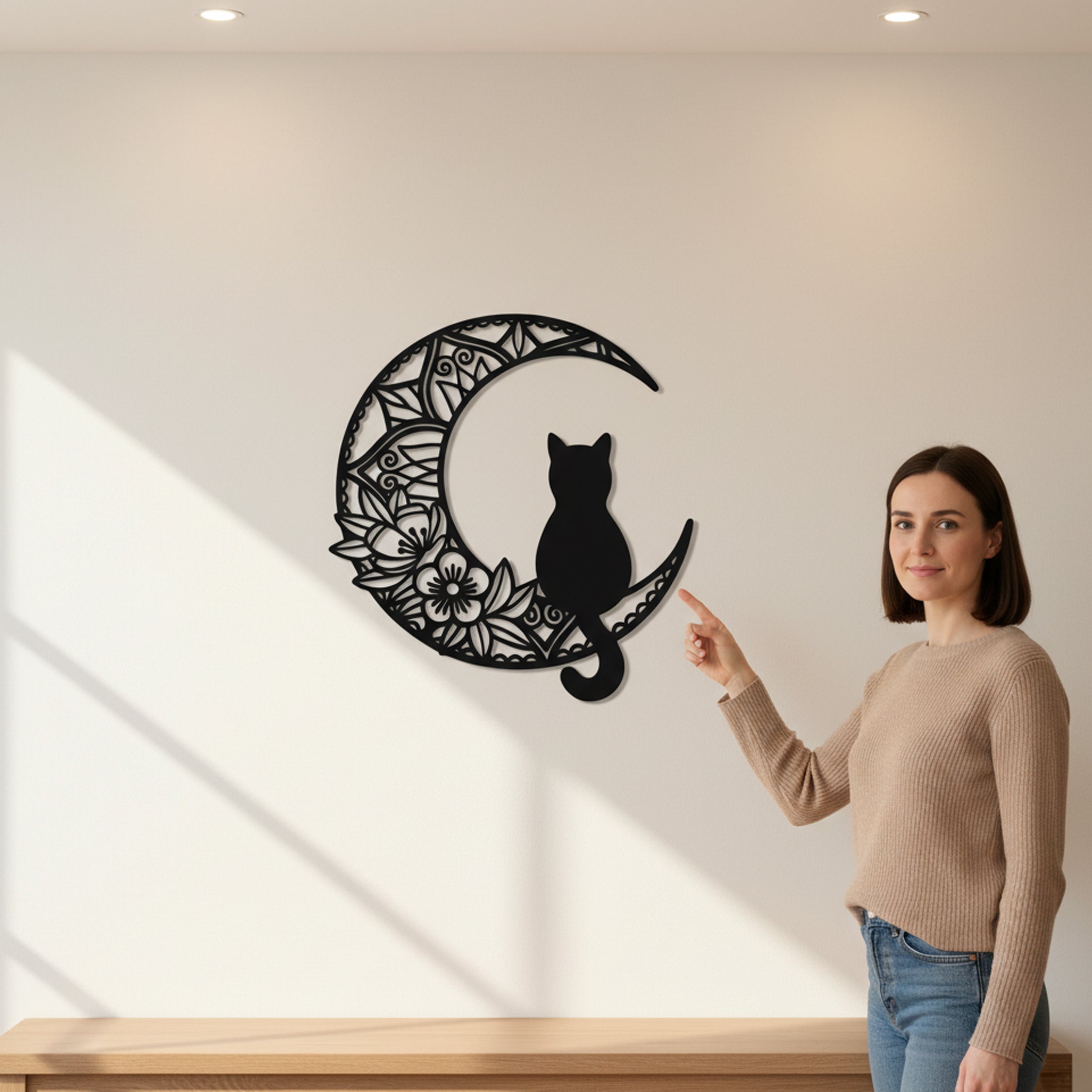 Ay Kedisi Çiçek Desenli Hilal Duvar Dekoru