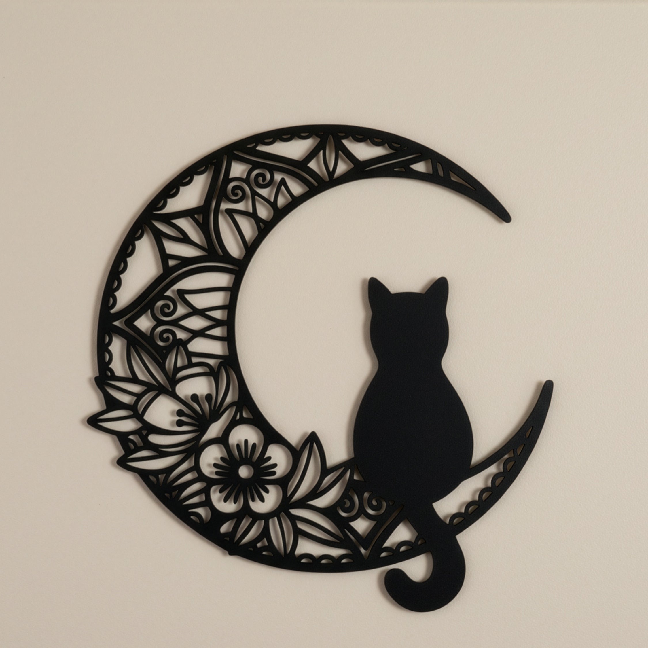 Ay Kedisi Çiçek Desenli Hilal Duvar Dekoru