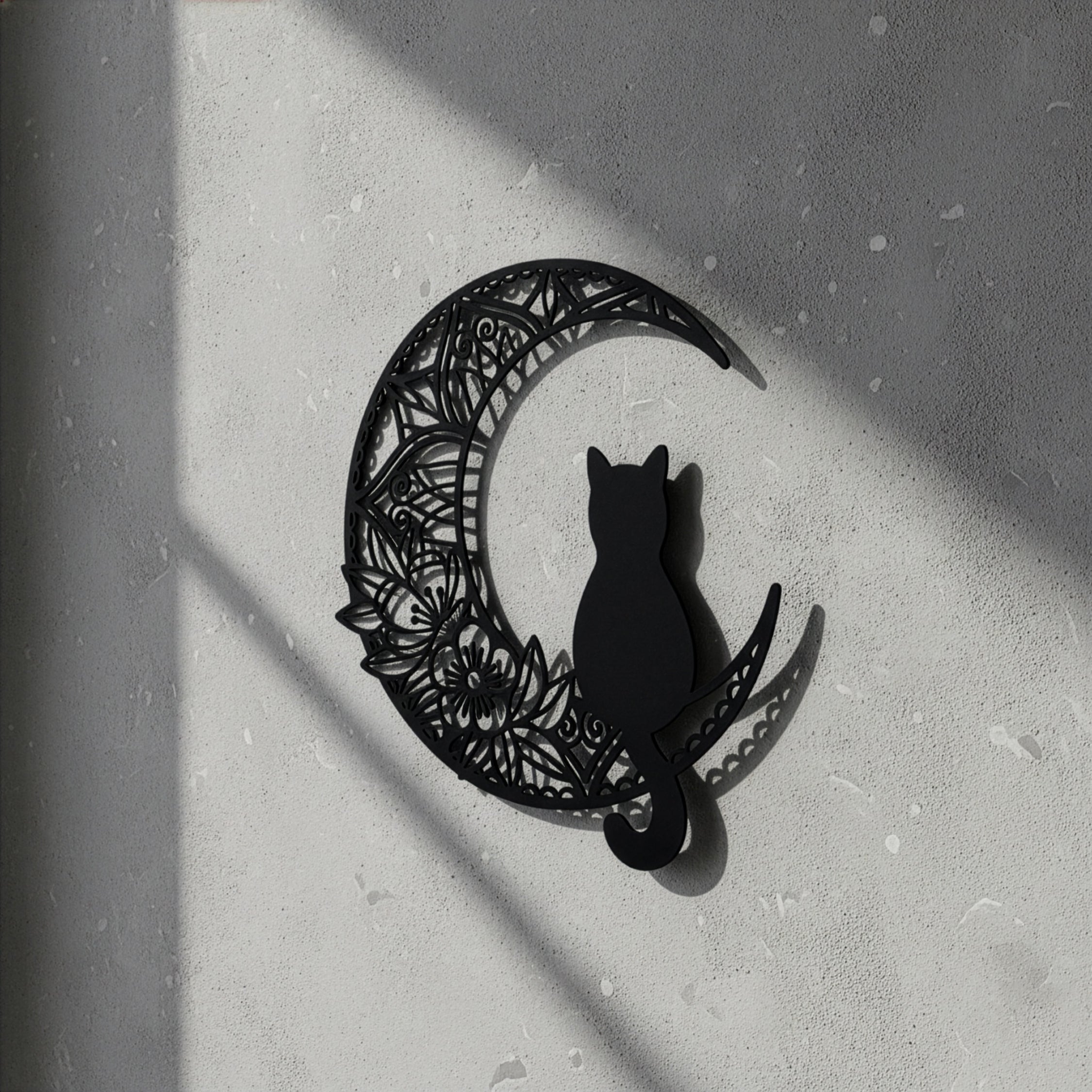 Ay Kedisi Çiçek Desenli Hilal Duvar Dekoru