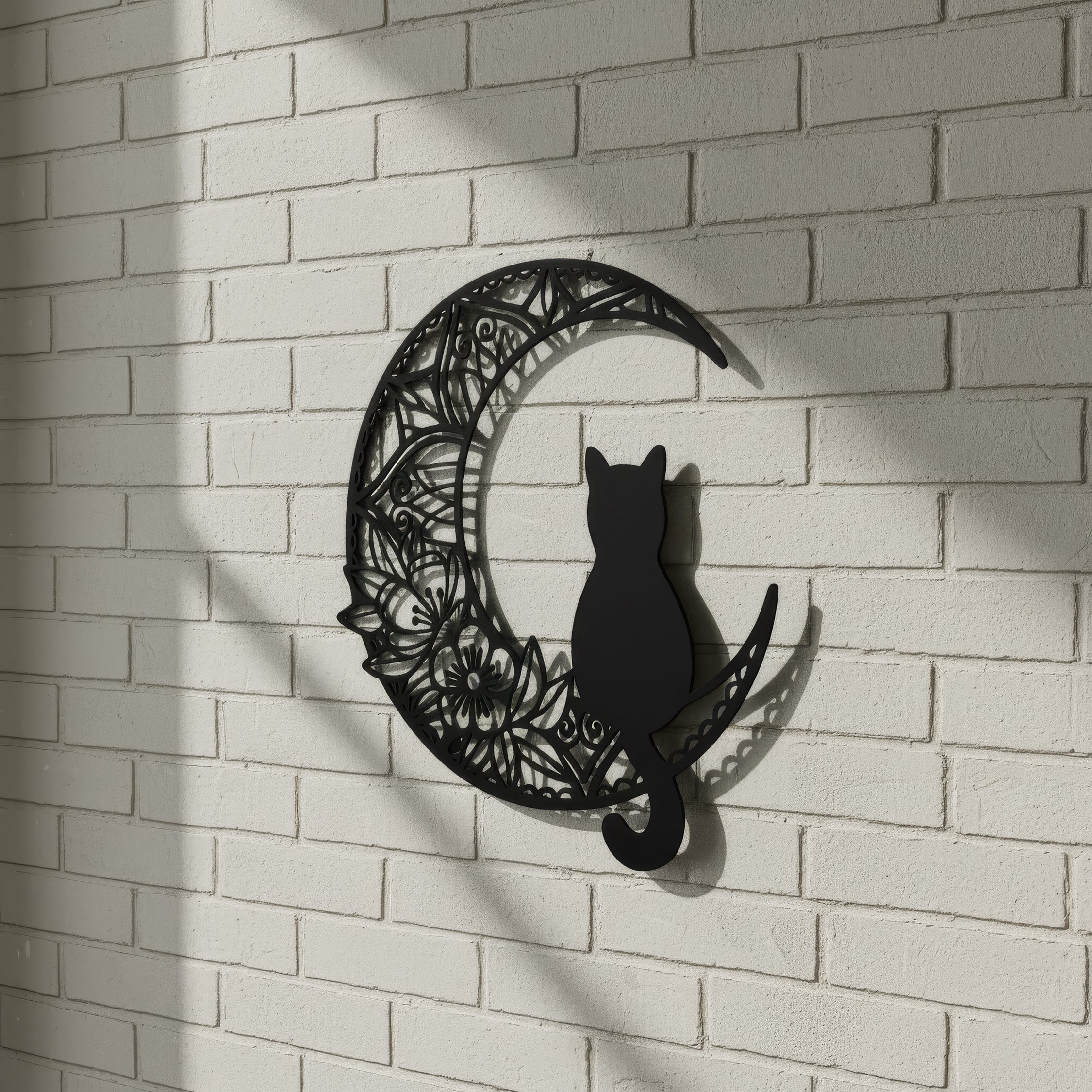 Ay Kedisi Çiçek Desenli Hilal Duvar Dekoru