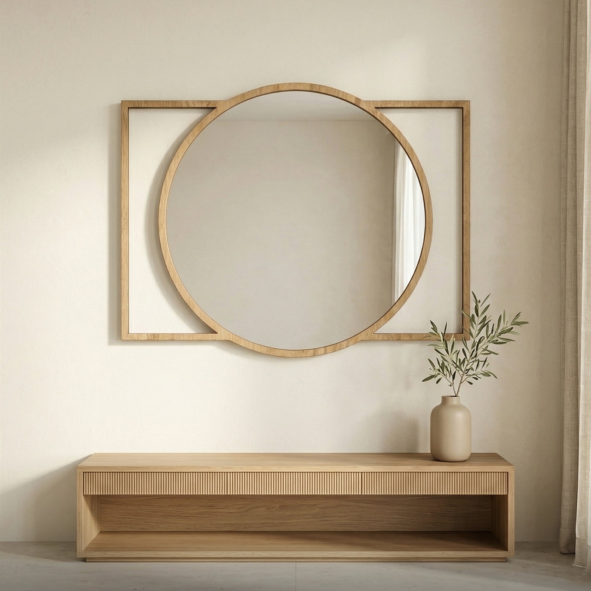 Dikdörtgen Detaylı Yuvarlak Duvar Aynası