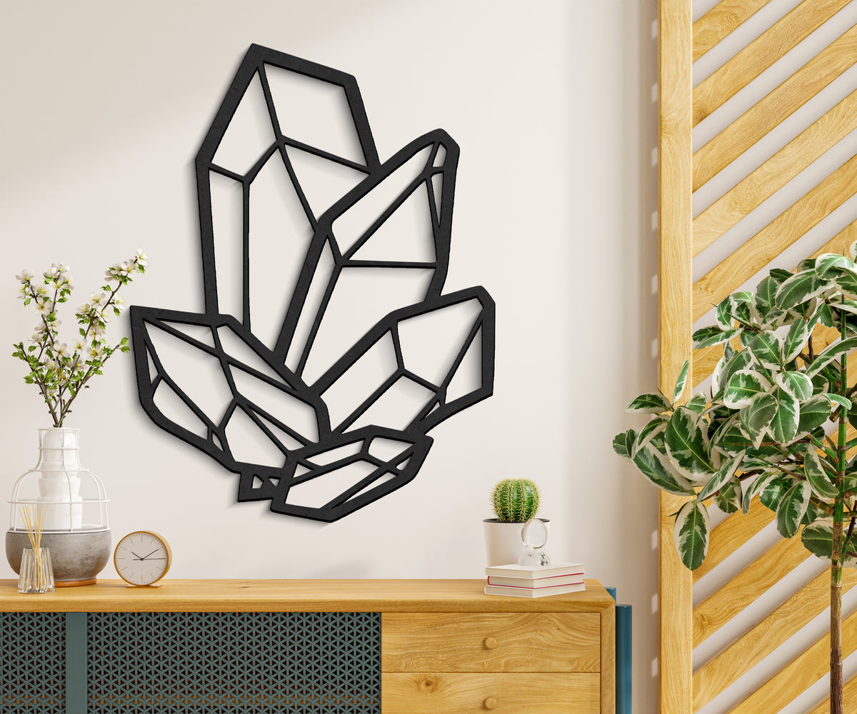 Kristal temalı geometrik duvar dekoru, yatak odası için ahşap duvar sanatı, yakın detay
