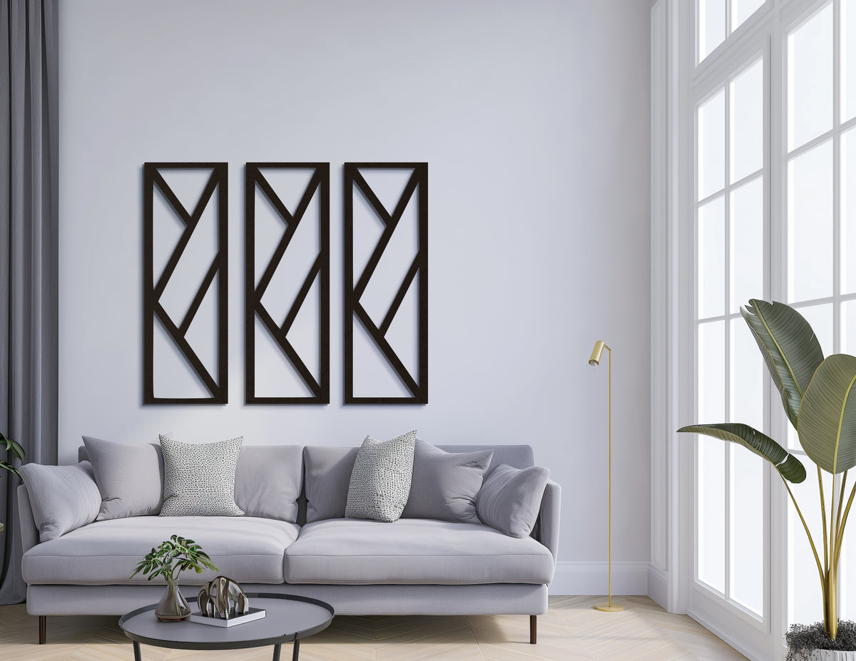 3'lü geometrik duvar dekoru seti, antre için minimalist ahşap tasarım, yakın detay