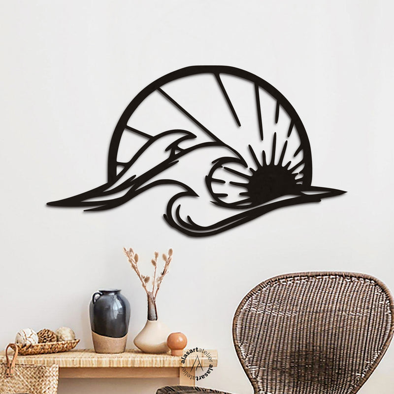 Geometrik Dalga & Güneş Ahşap Duvar Dekoru