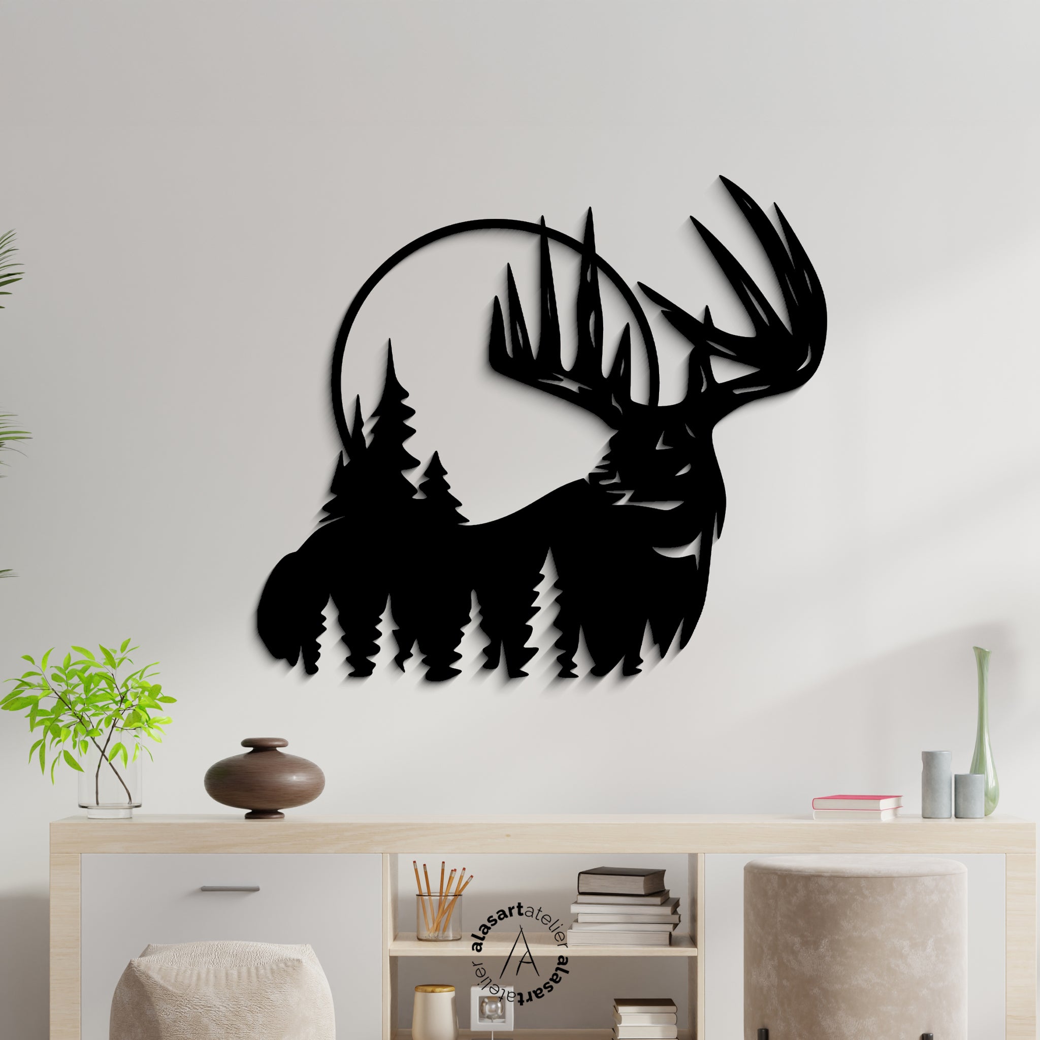 Geyik ve Çam Ağaçları Ahşap Duvar Tablosu