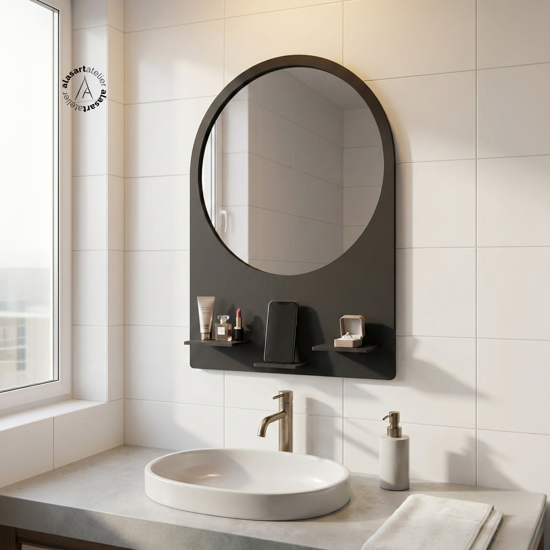 Organizer Makeup Mirror - With Phone Stand and Shelves