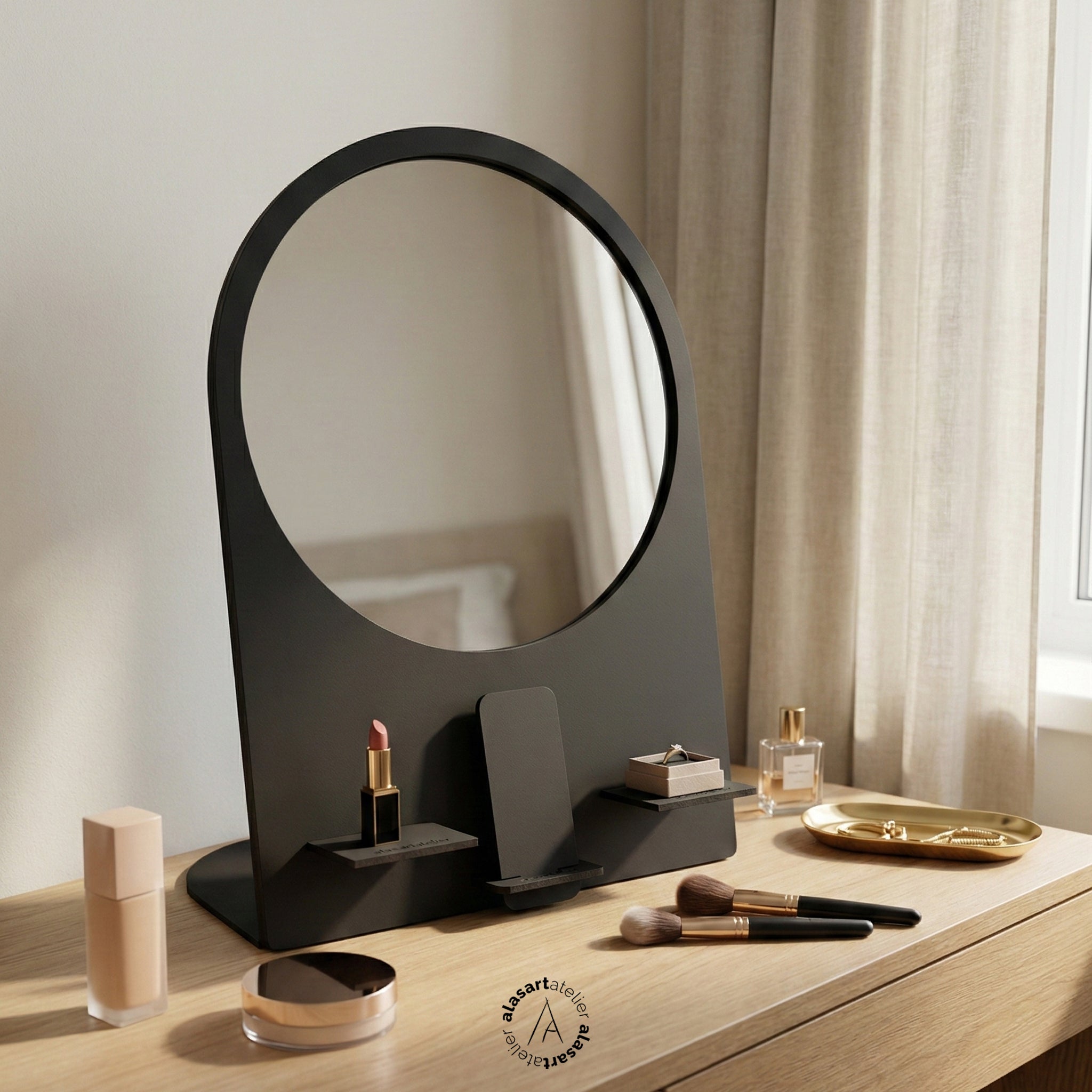 Organizerlı Makyaj Aynası - Telefon Standı ve Raflı