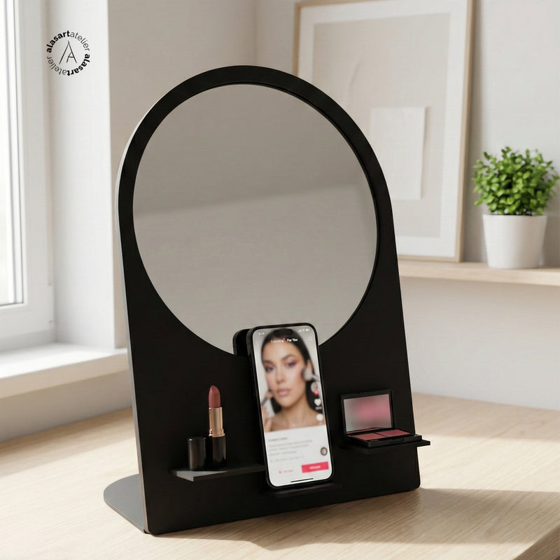 Organizerlı Makyaj Aynası - Telefon Standı ve Raflı