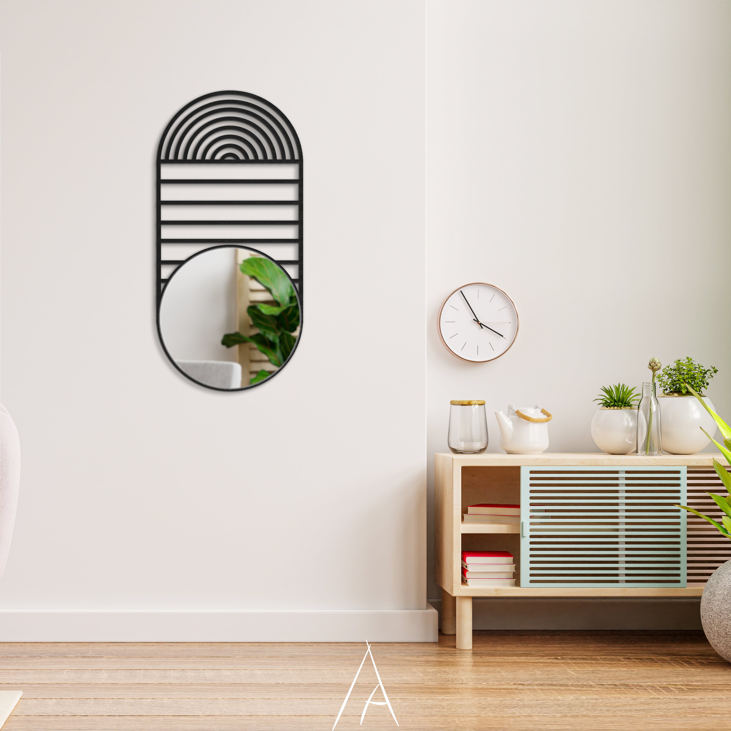 Geometrik Oval Ahşap Duvar Aynası - Mid-Century Modern Stil