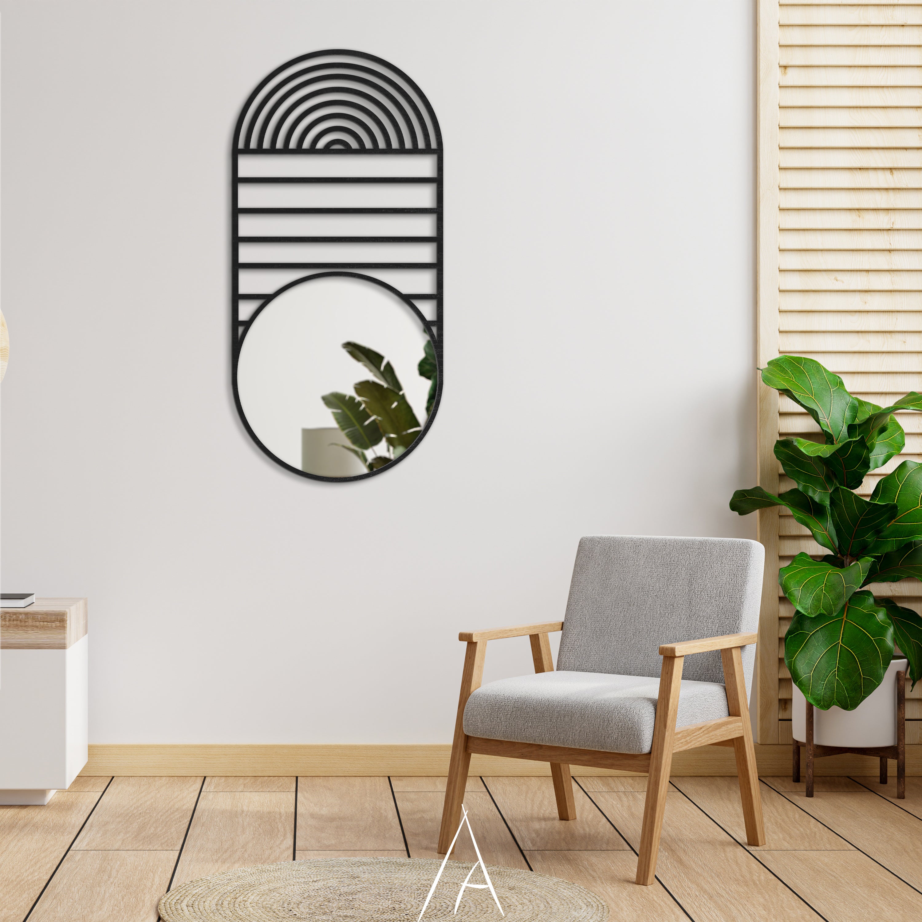 Geometrik Oval Ahşap Duvar Aynası - Mid-Century Modern Stil