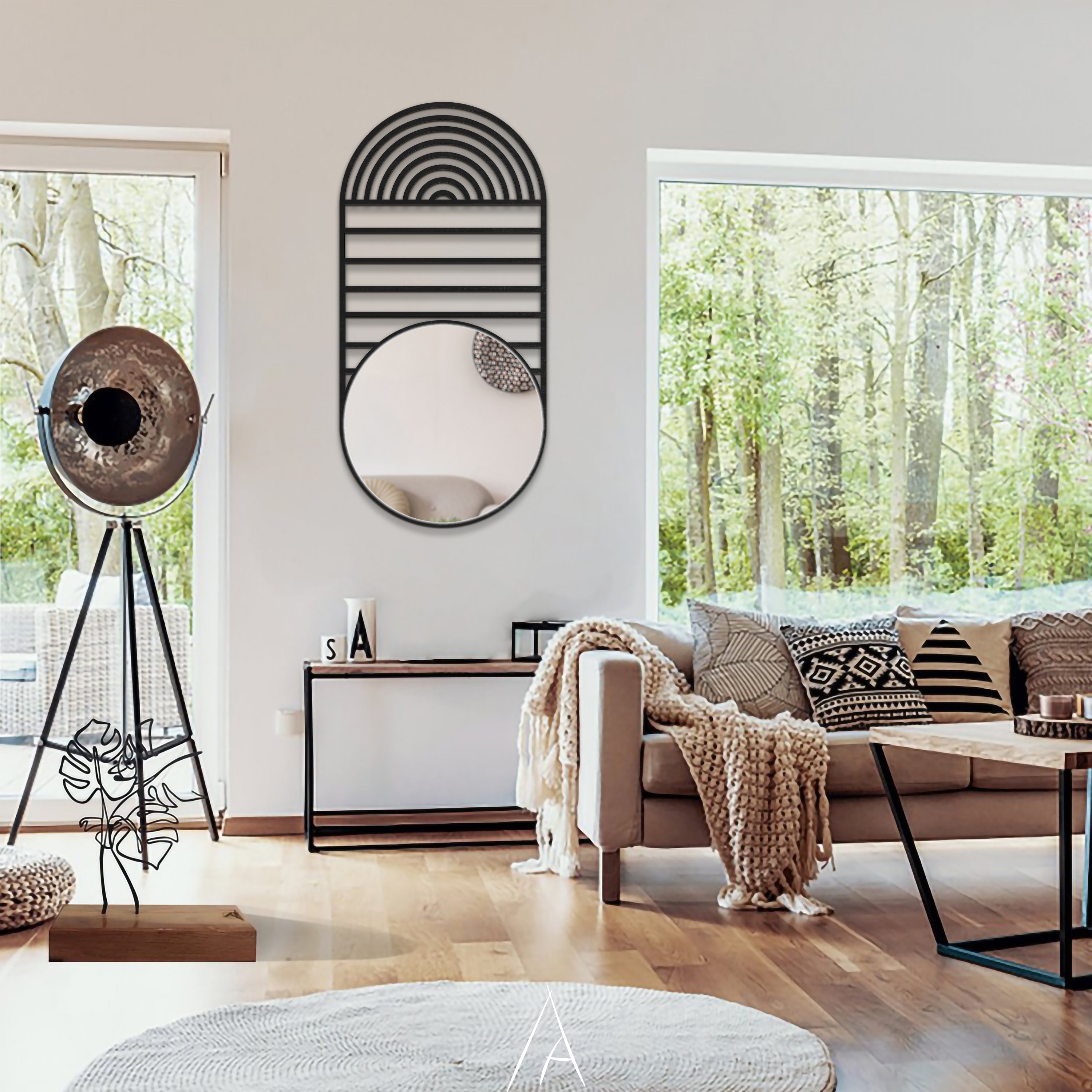 Geometrik Oval Ahşap Duvar Aynası - Mid-Century Modern Stil