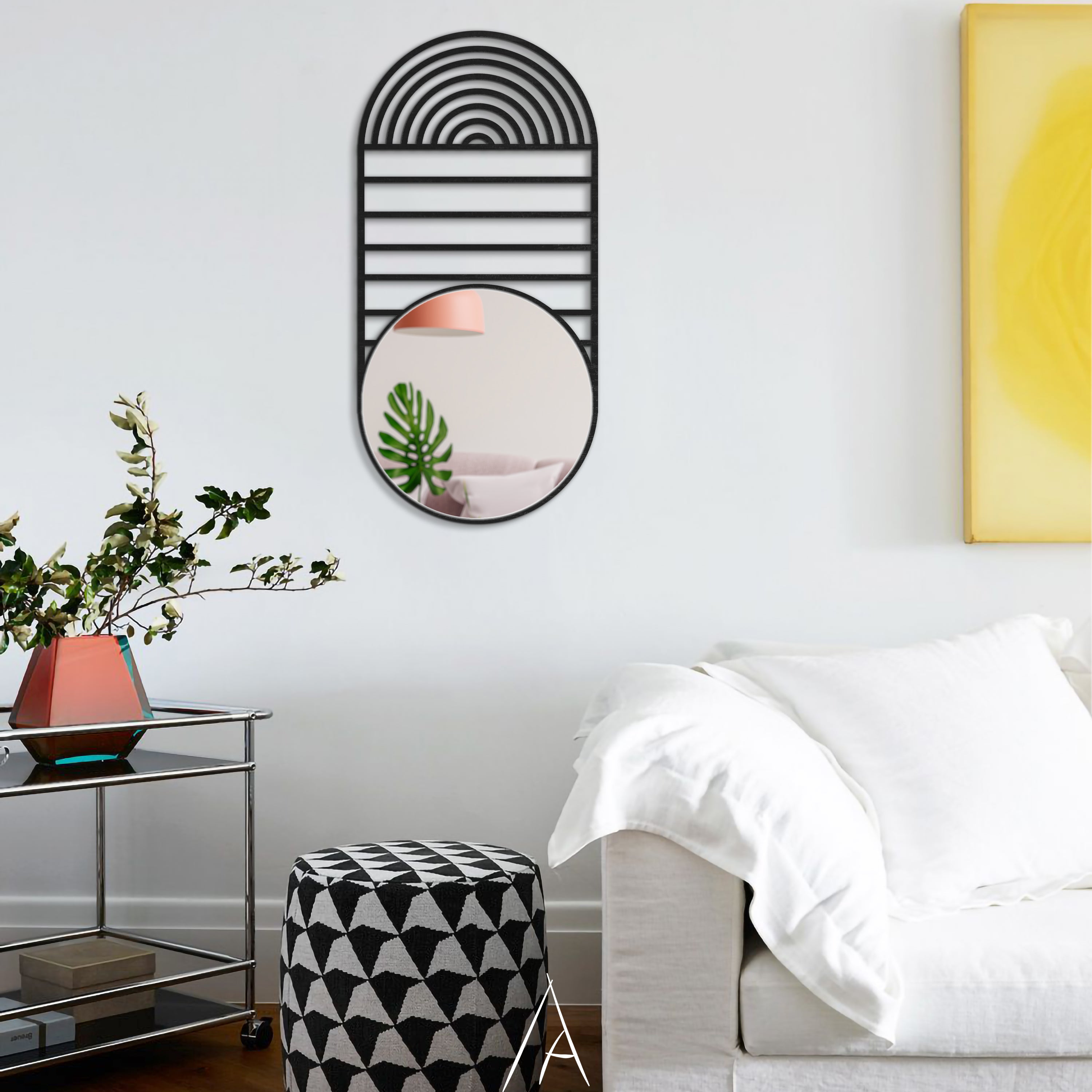 Geometrik Oval Ahşap Duvar Aynası - Mid-Century Modern Stil