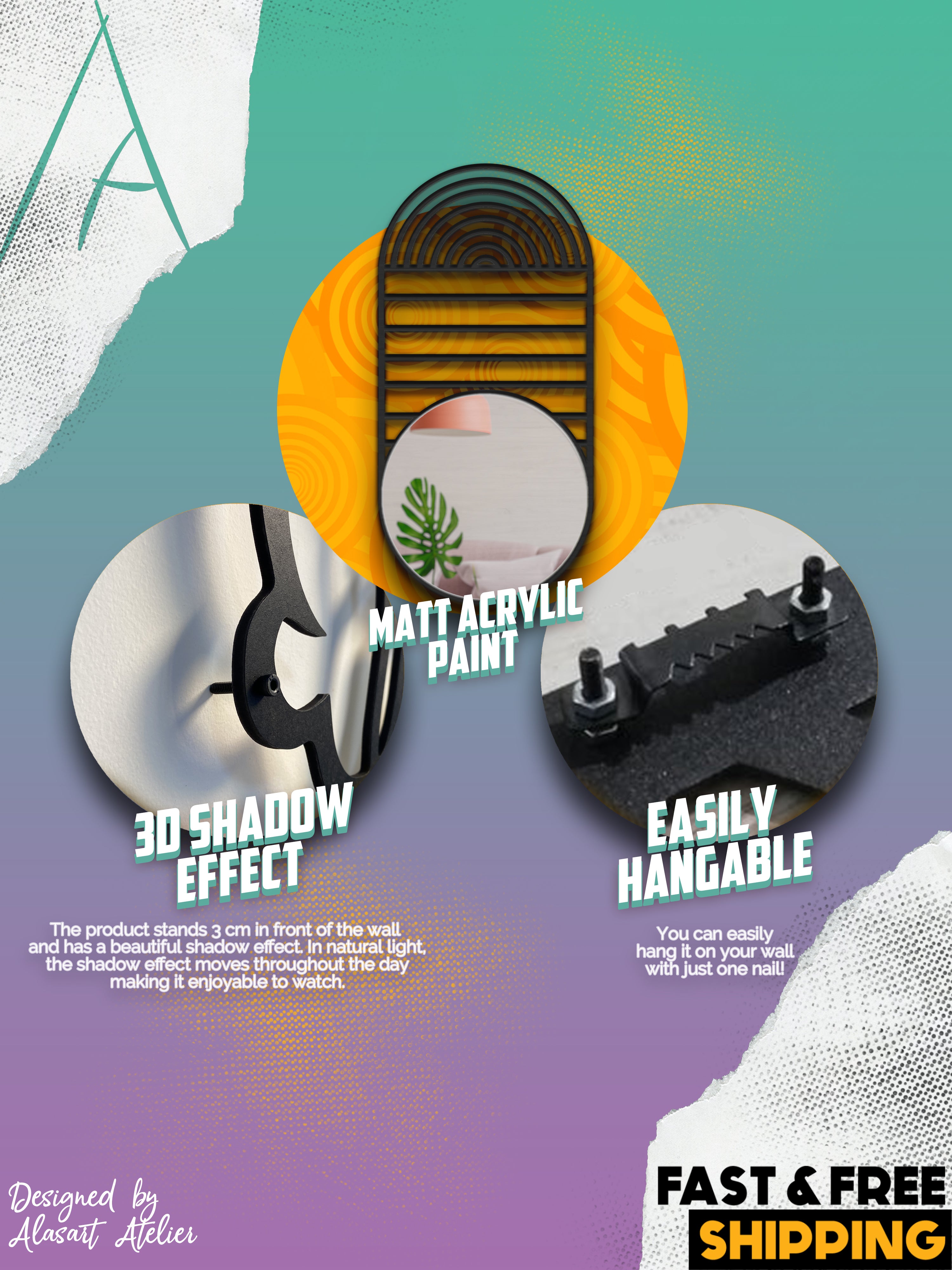 Geometrik Oval Ahşap Duvar Aynası - Mid-Century Modern Stil