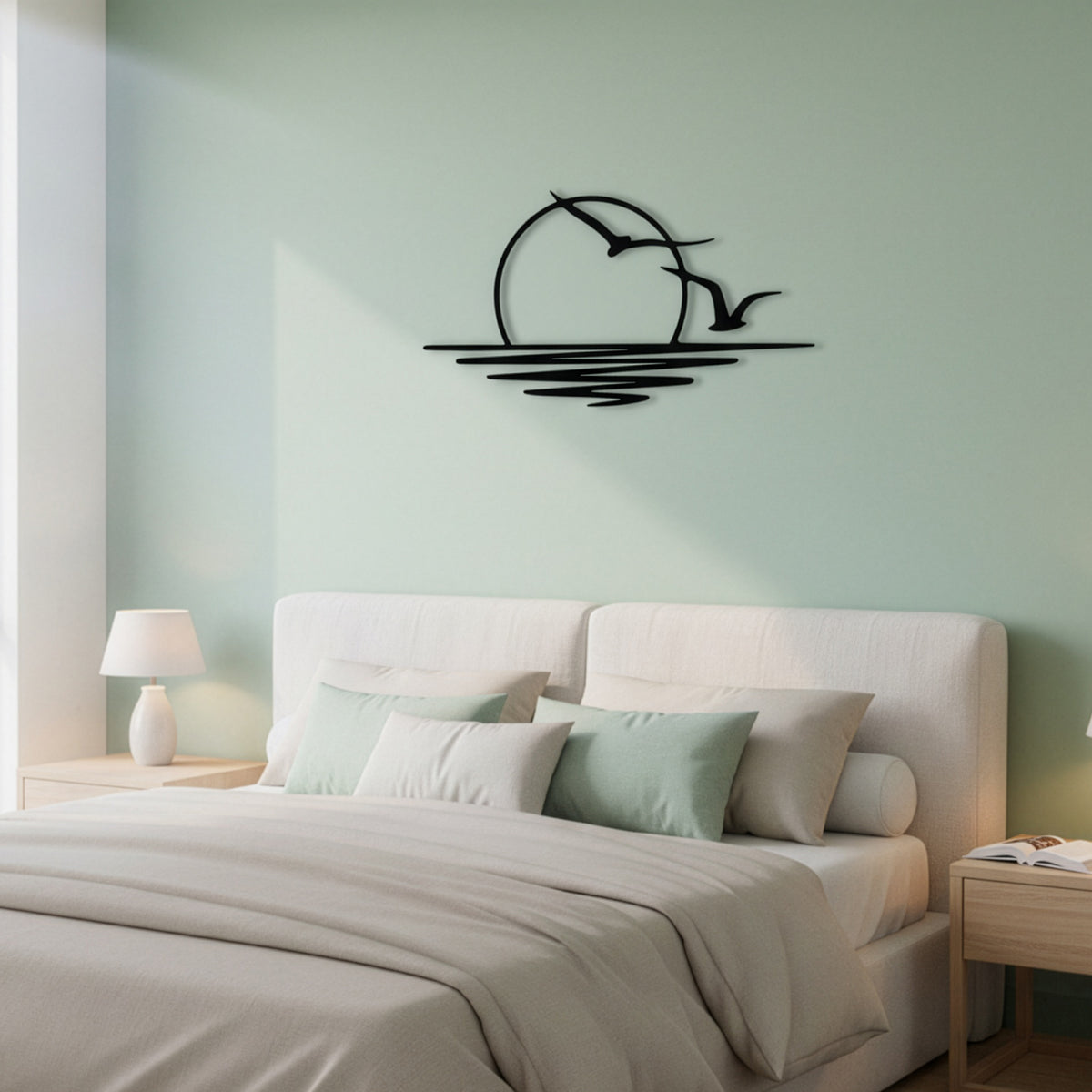 Minimalist gün batımı ve martılar duvar dekoru, yaşam alanı görünümü