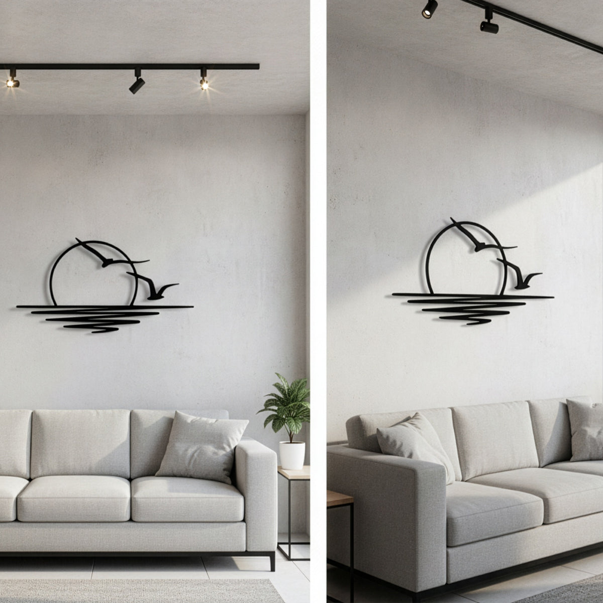 Gün batımı ve martılar minimalist duvar dekoru, duvar görünümü