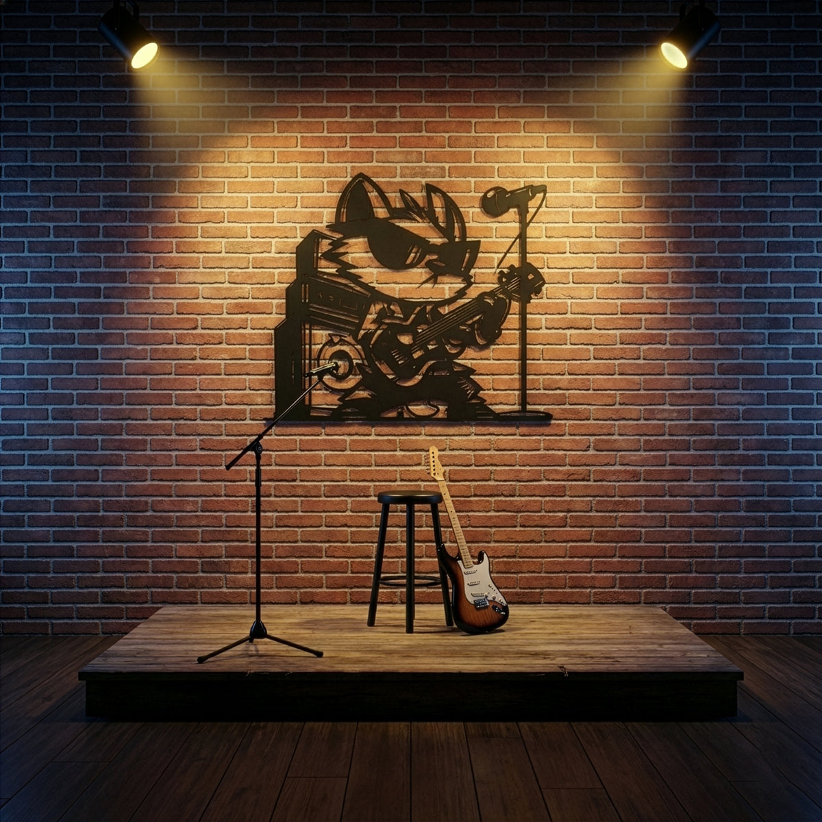 Rock Fox gitarist tilki duvar dekoru, çalışma odası için ahşap duvar sanatı, yakın detay