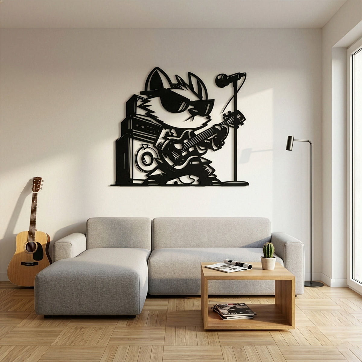 Gitarist tilki müzik temalı duvar dekoru, duvar görünümü