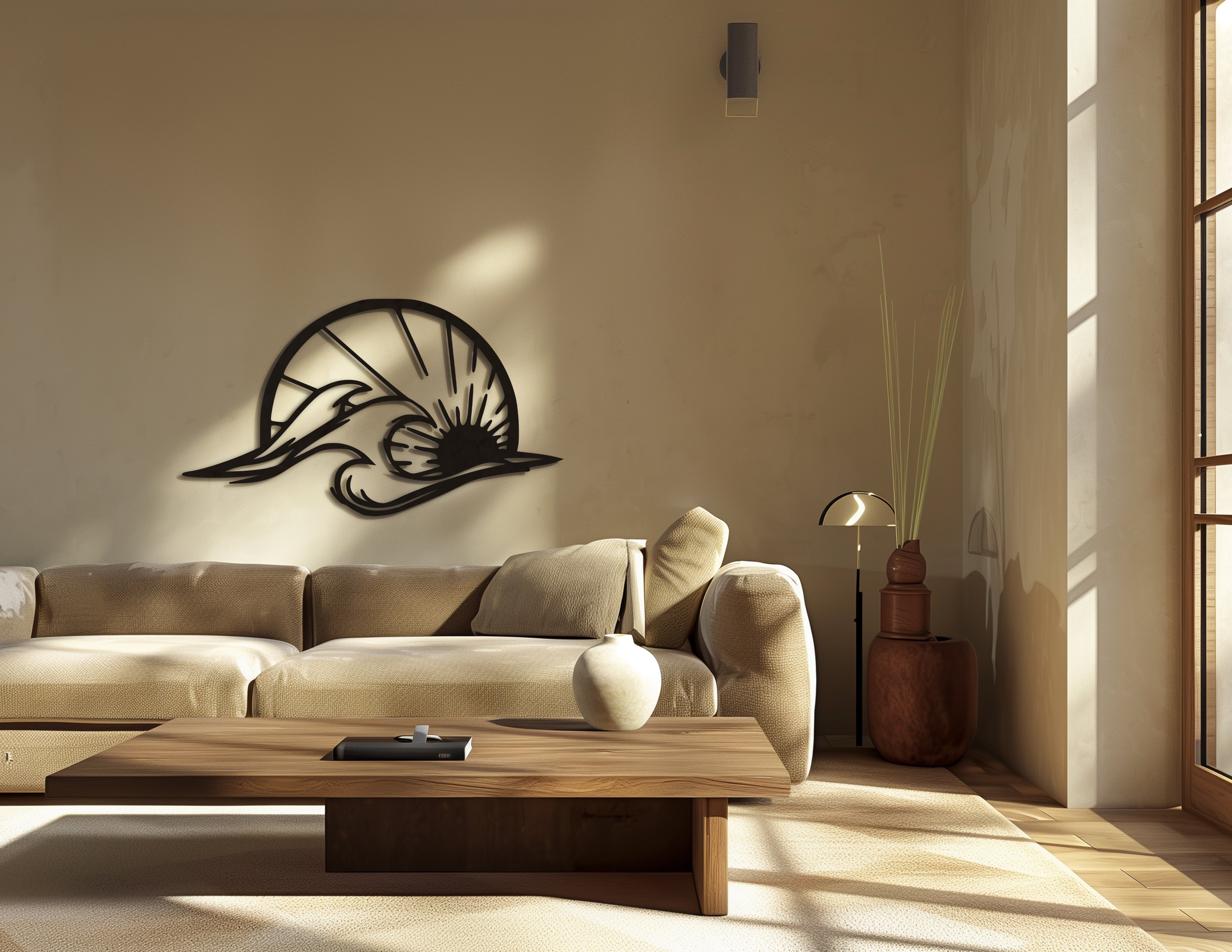 Geometrik Dalga & Güneş Ahşap Duvar Dekoru