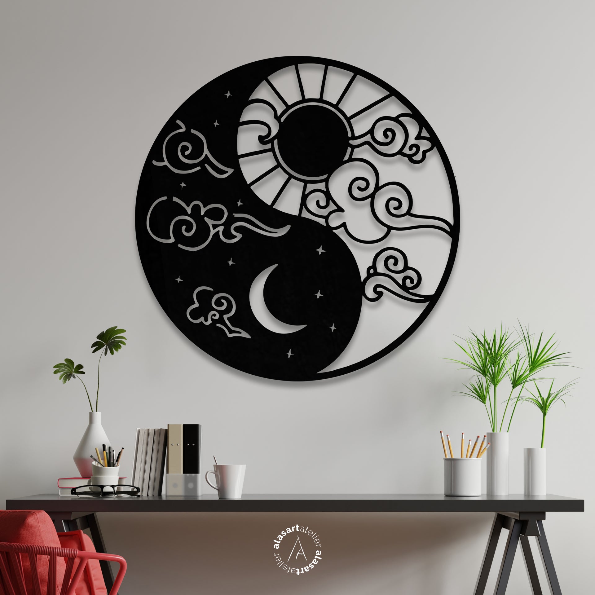 Yin Yang Sun and Moon Wooden Wall Decor