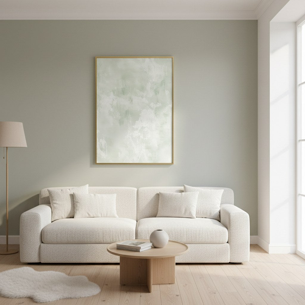 Adaçayı yeşili minimalist poster, oturma odasında bukle kanepenin üzerinde ince çerçeveli