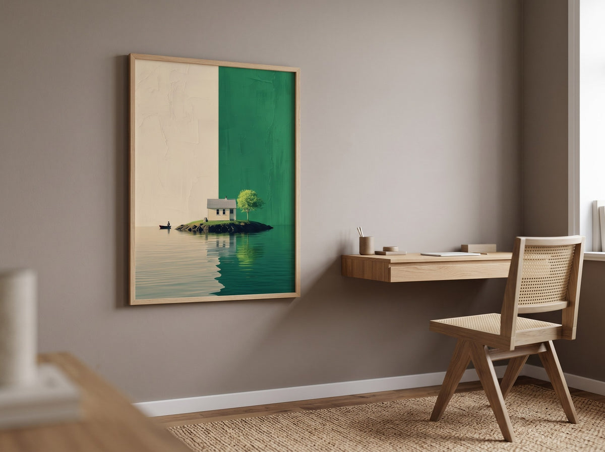 Minimalist göl manzarası posteri, çalışma odasında asma masa ve hasır sandalyenin ardında ahşap çerçeveli