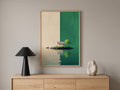 Adadaki Beyaz Ev ve Zümrüt Yeşili Göl Minimalist Posteri