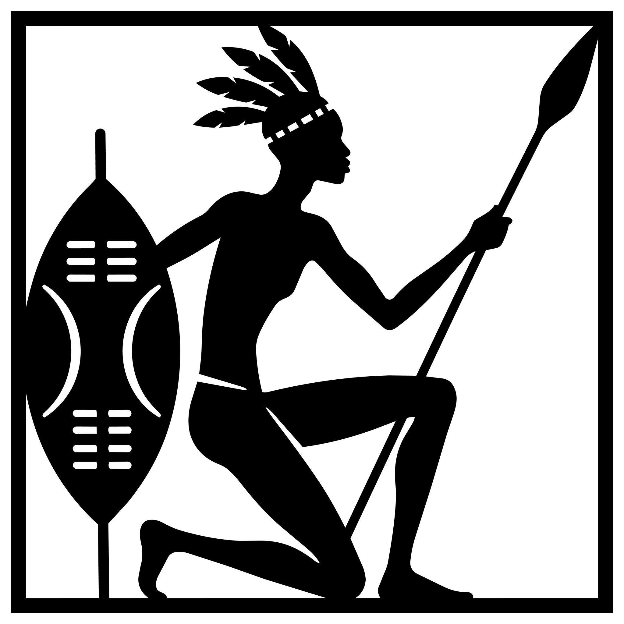 Mızraklı Afrika savaşçısı temalı kare ahşap duvar dekoru, beyaz zeminde tasarım görünümü