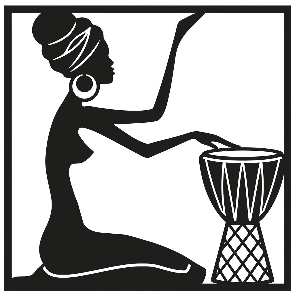 Djembe çalan Afrikalı kadın duvar dekorunun beyaz zeminde tasarım görünümü