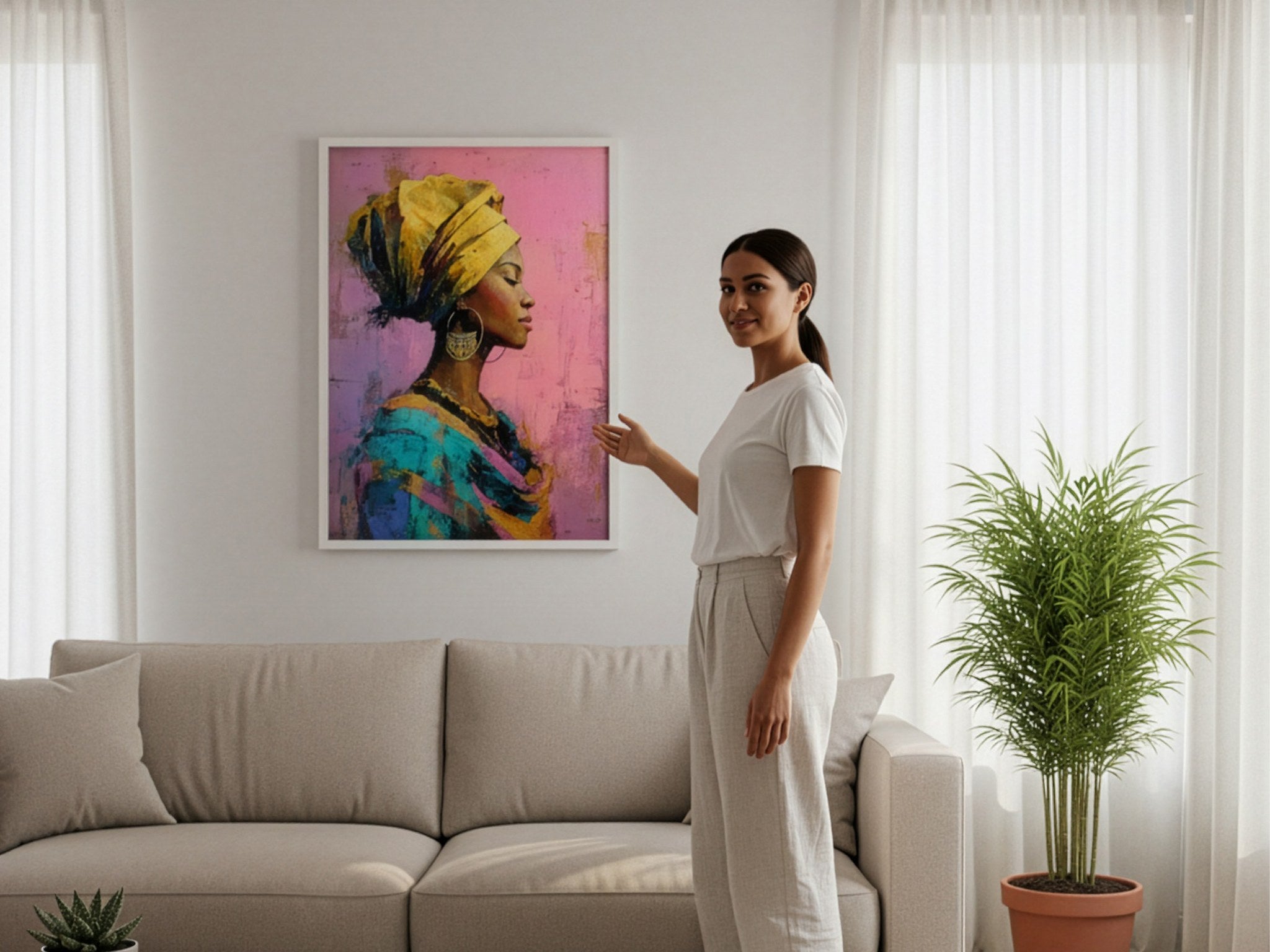 Kadın portresi posteri duvarda düzeltilirken çerçeveli poster ölçek gösterimi