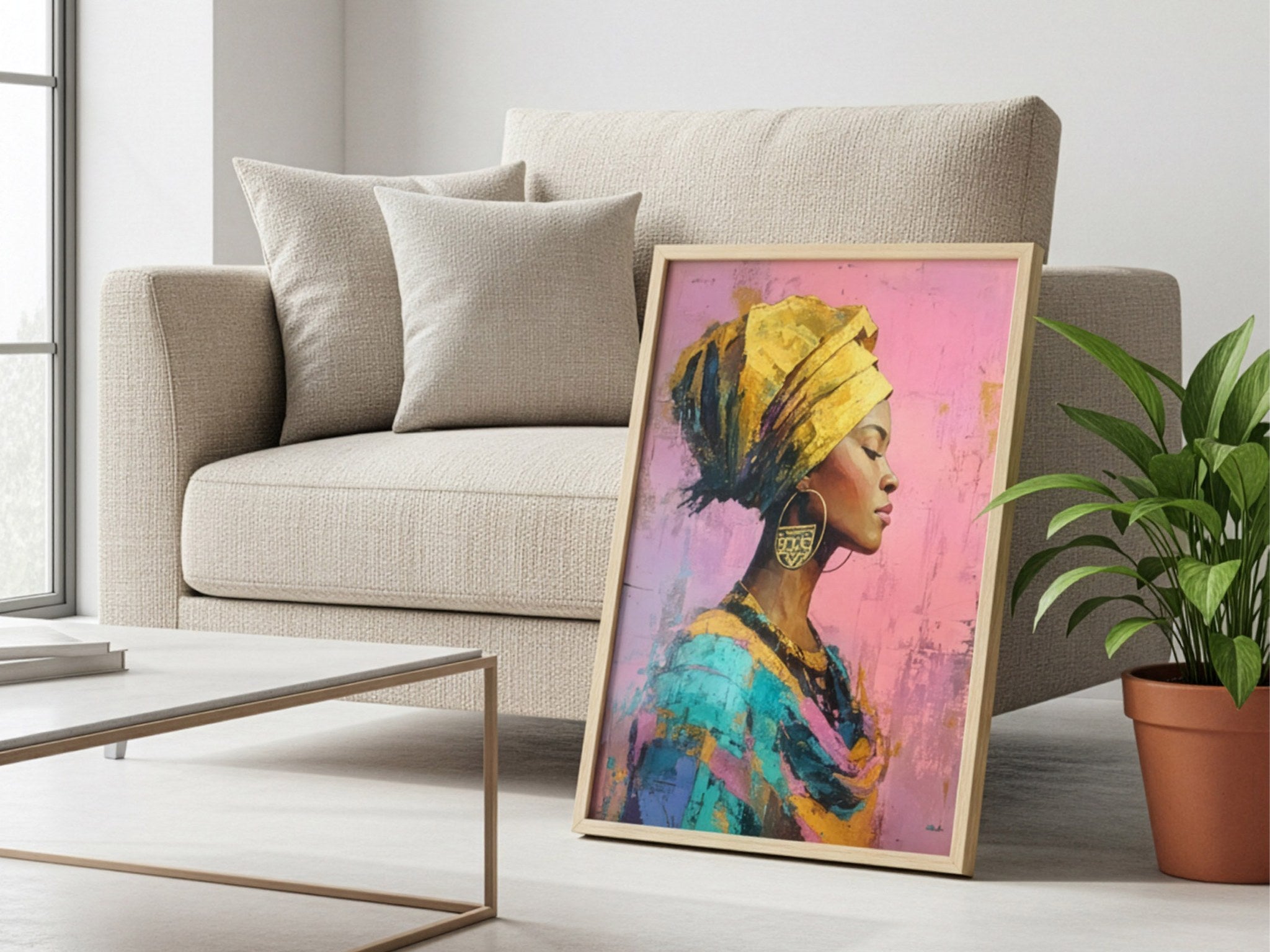 Afrikalı kadın portresi posteri, krem kanepenin yanında doğal ahşap çerçeveli