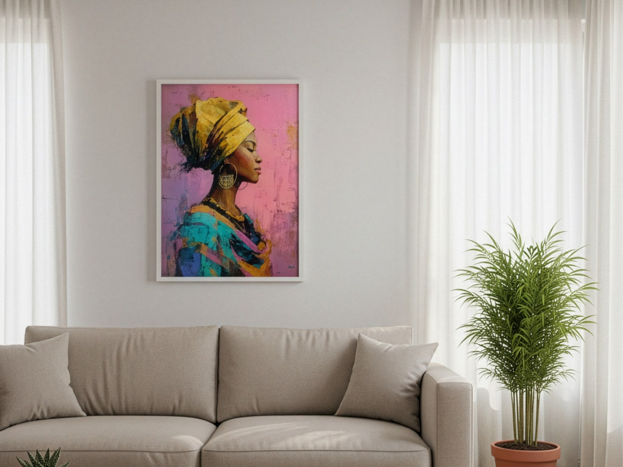 Yağlı boya Afrikalı kadın portresi posteri, salon duvarında beyaz çerçeveli