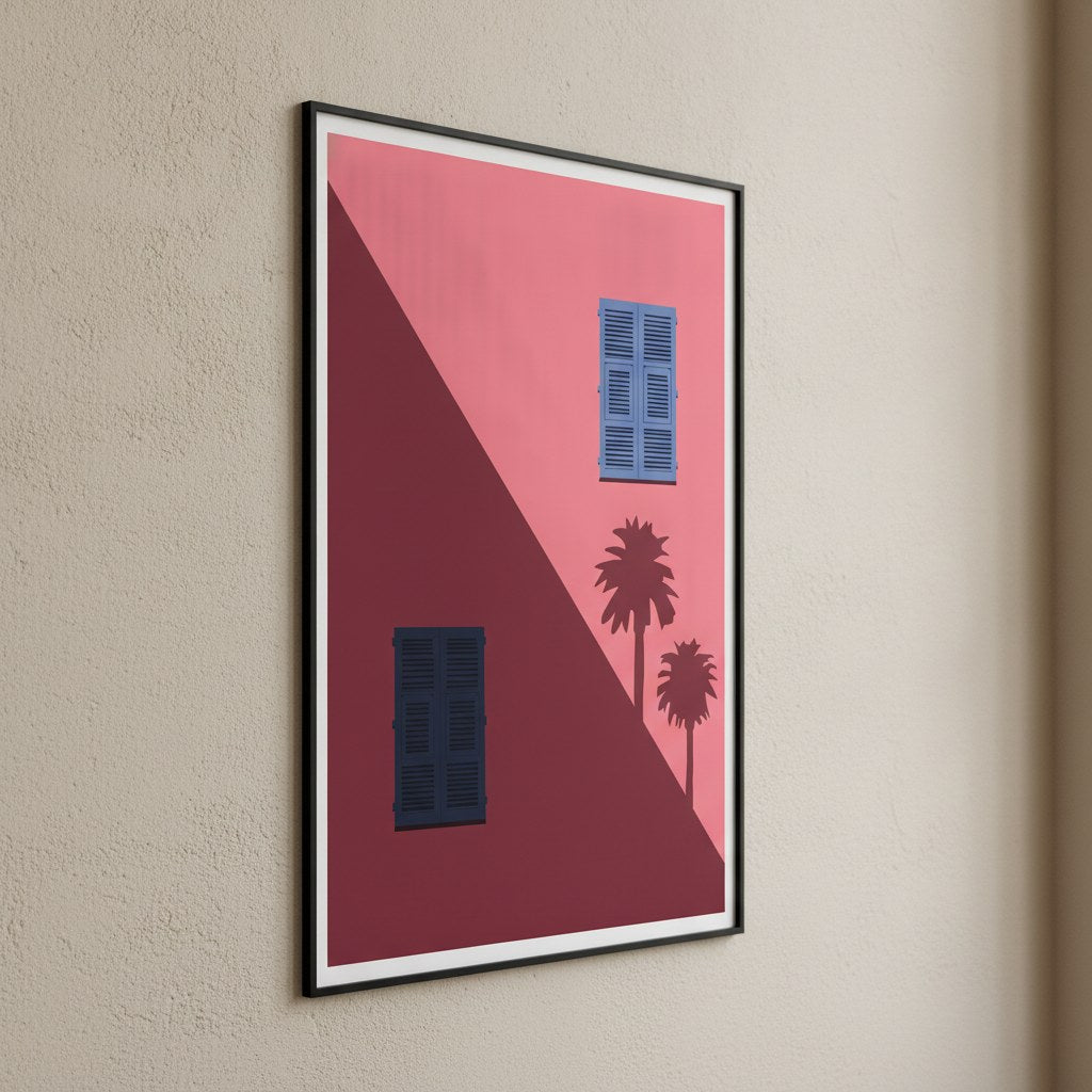 Minimalist Akdeniz posteri, paspartulu siyah çerçevede krem duvarda yandan görünüm