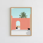 Akdeniz Avlusunda Siyah Kediler Minimalist Posteri