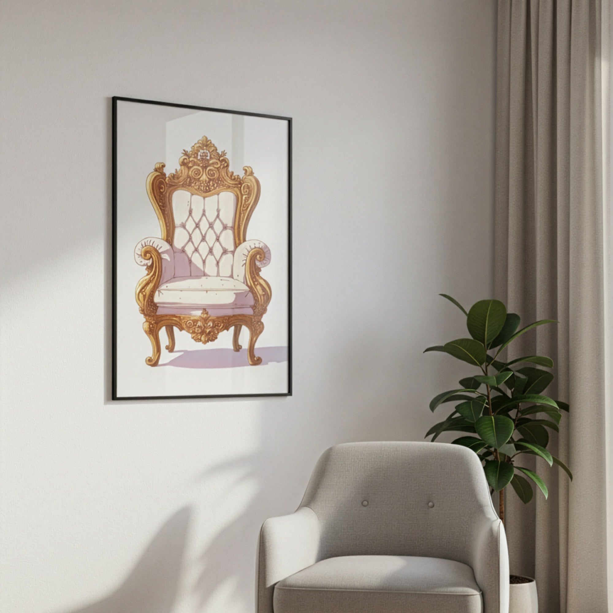 Altın detaylı barok koltuk posteri, salon duvarında berjerin yanında siyah çerçeveli