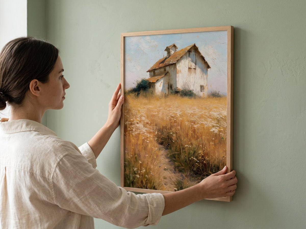 Beyaz ambar posteri adaçayı yeşili duvara asılırken, doğal ahşap çerçeveli poster ölçü gösterimi