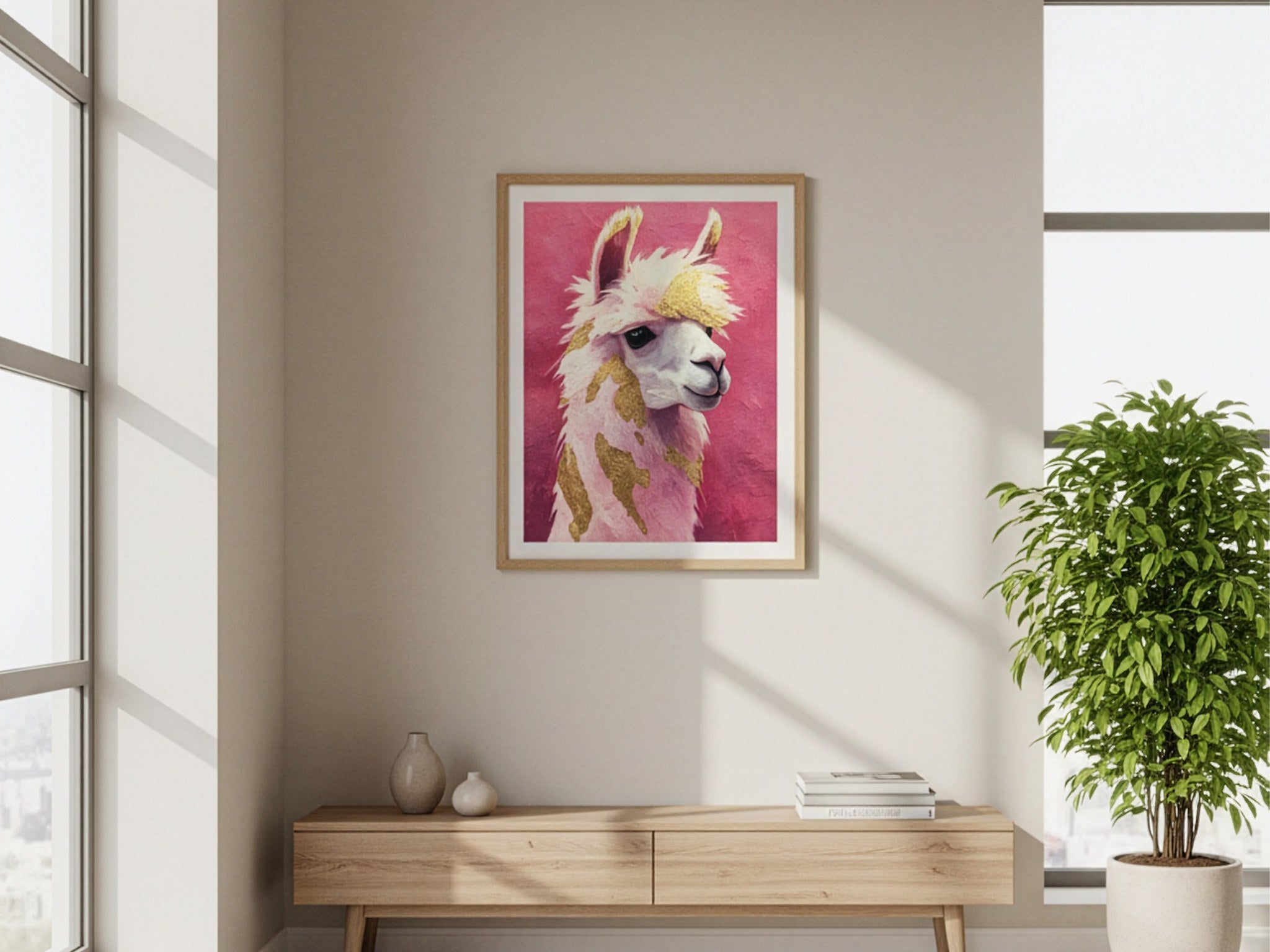 Pembe zeminli altın detaylı lama posteri, beyaz duvarda konsolun üzerinde ahşap çerçeveli