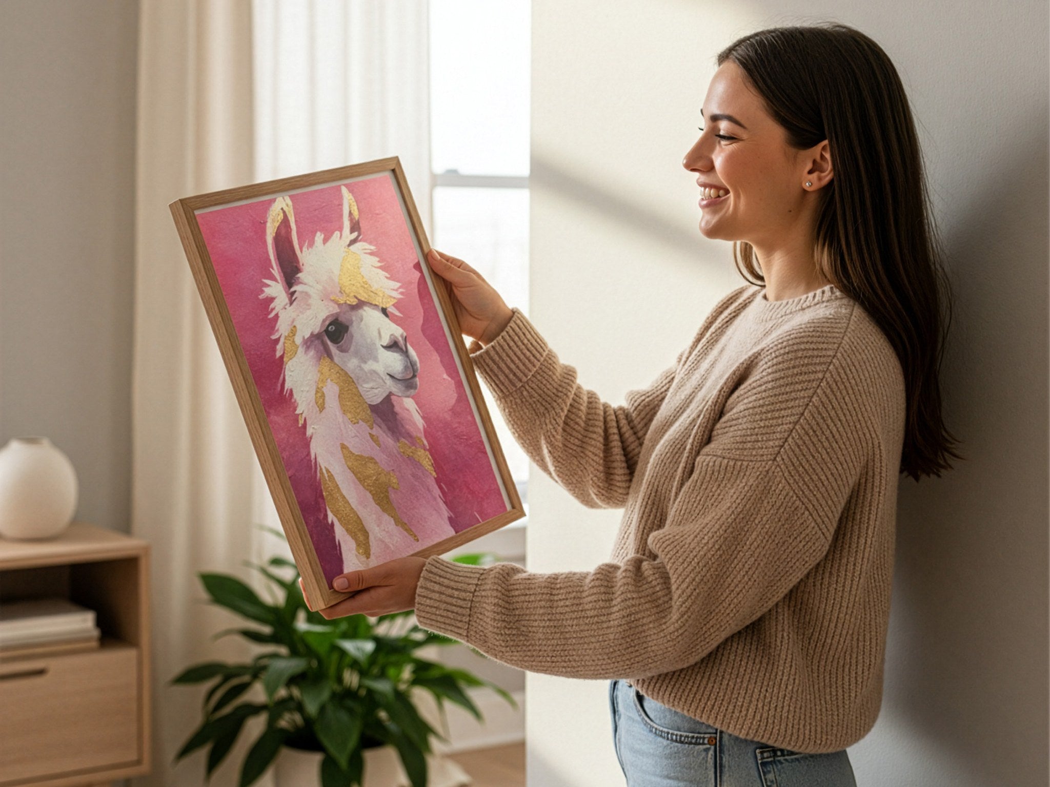 Çerçeveli lama posterini duvara tutan kadın, posterin gerçek ölçüsünü gösteriyor