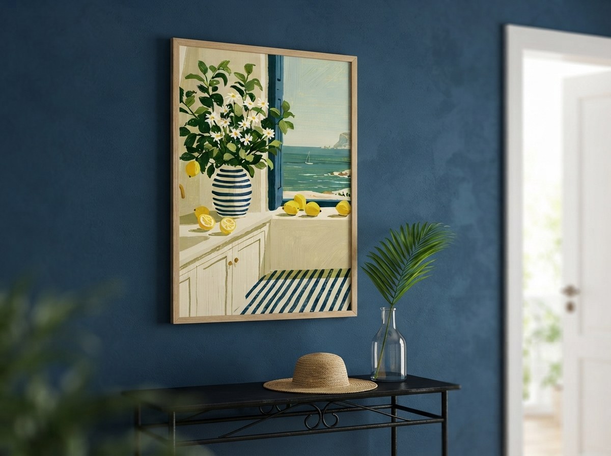 Amalfi manzara posteri, lacivert antre duvarında konsol üzerinde çerçeveli