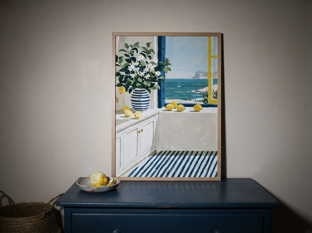 Limonlu pencere posteri, lacivert dolabın üzerine yaslanmış ahşap çerçeveli