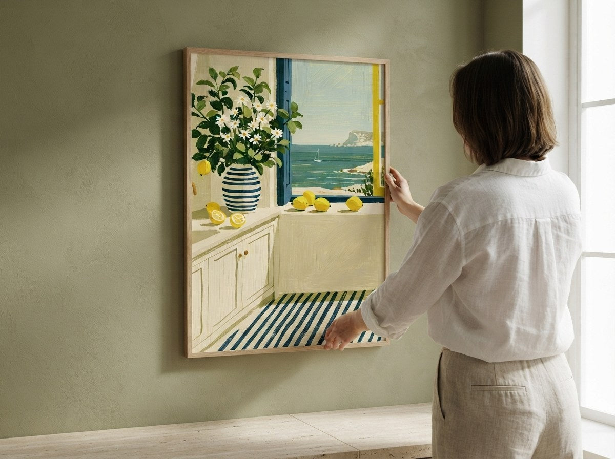 Amalfi posteri zeytin yeşili duvarda düzeltilirken çerçeveli poster ölçek gösterimi